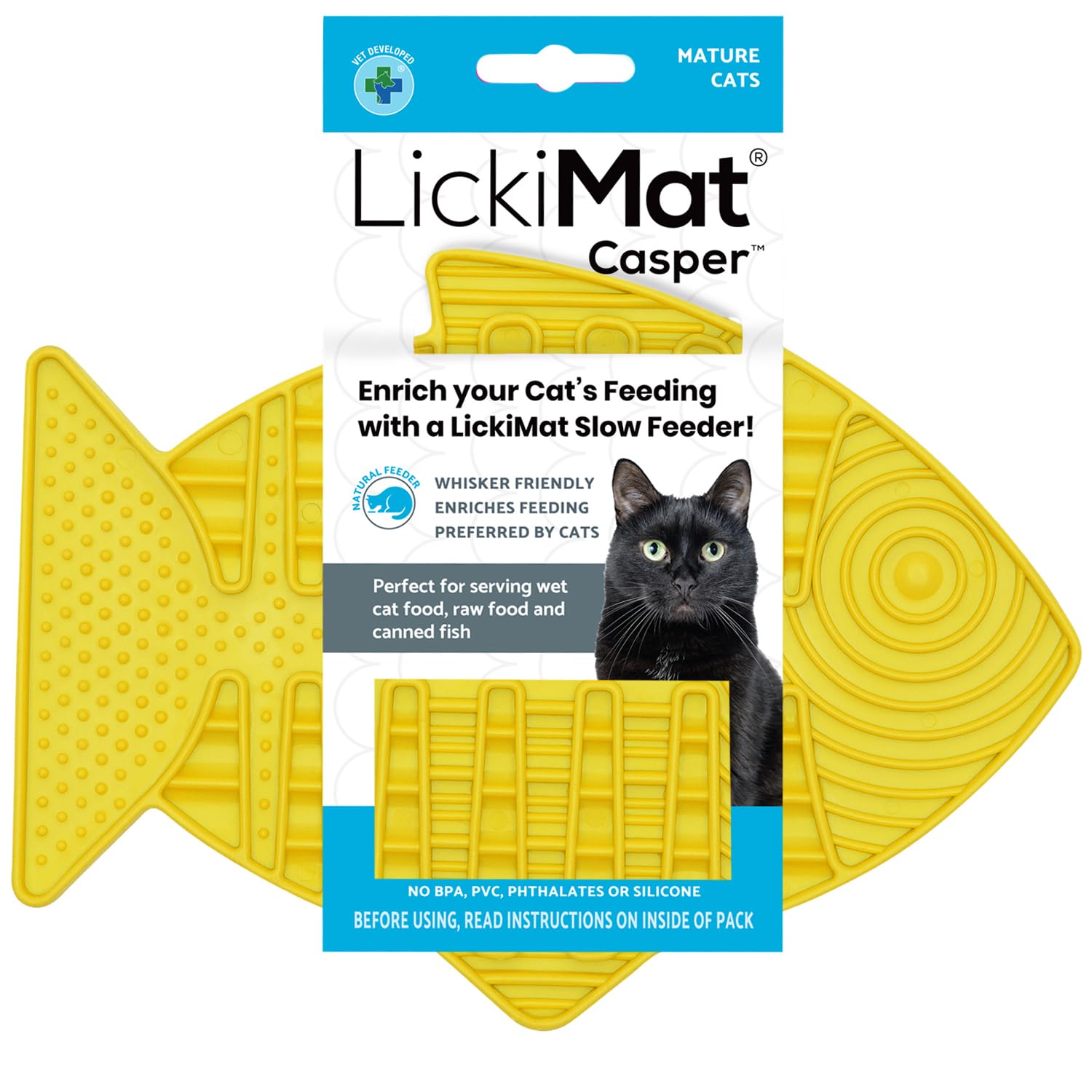 LICKIMATCasper, Fish-Shaped Cat Slow Feeders for Feline Boredom and Anxiety Reduction; Perfect for Food, Treats and Anxiety Reduction, Yellow