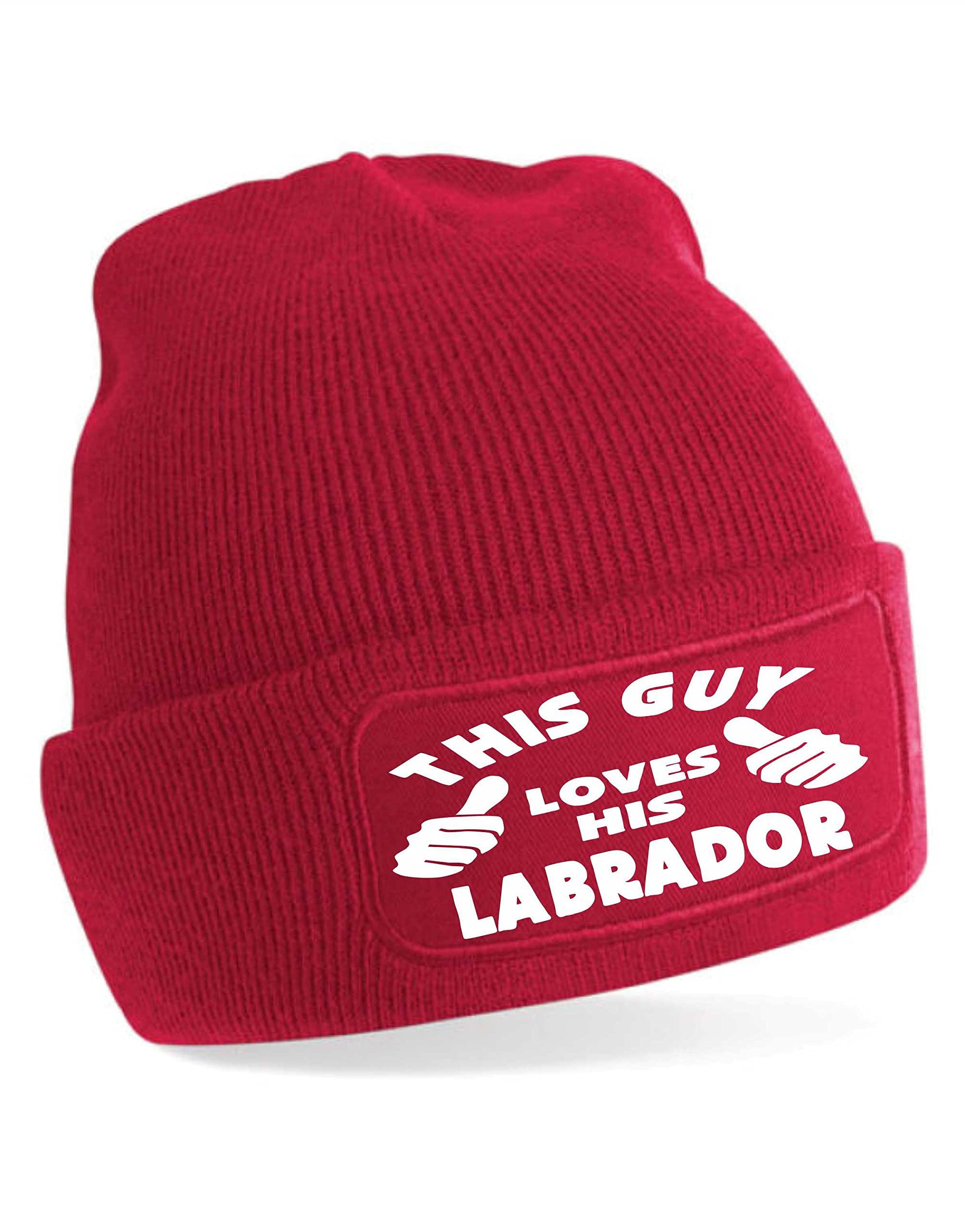 Print4U This Guy Loves His Labrador Beanie Hat Funny Dog Lovers Gift for Men Red