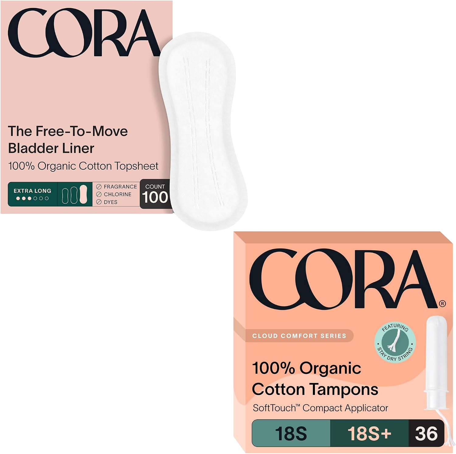 Cora Organic Feminine Care | 100 Extra Long Bladder Liners (Incontinence & Postpartum Pads) and 36S/S+ Applicator Tampon Multipack | Ultra-Absorbent, Unscented, Natural, Non-Toxic | Bundle Pack