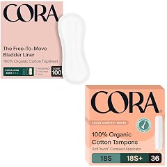 Cora Organic Feminine Care 100 Extra Long Bladder Liners Incontinence Postpartum Pads and 36S S Applicator Tampon Multipack
