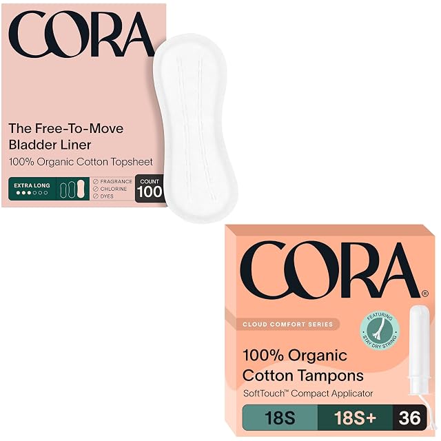 Cora Organic Feminine Care 100 Extra Long Bladder Liners Incontinence Postpartum Pads and 36S S Applicator Tampon Multipack