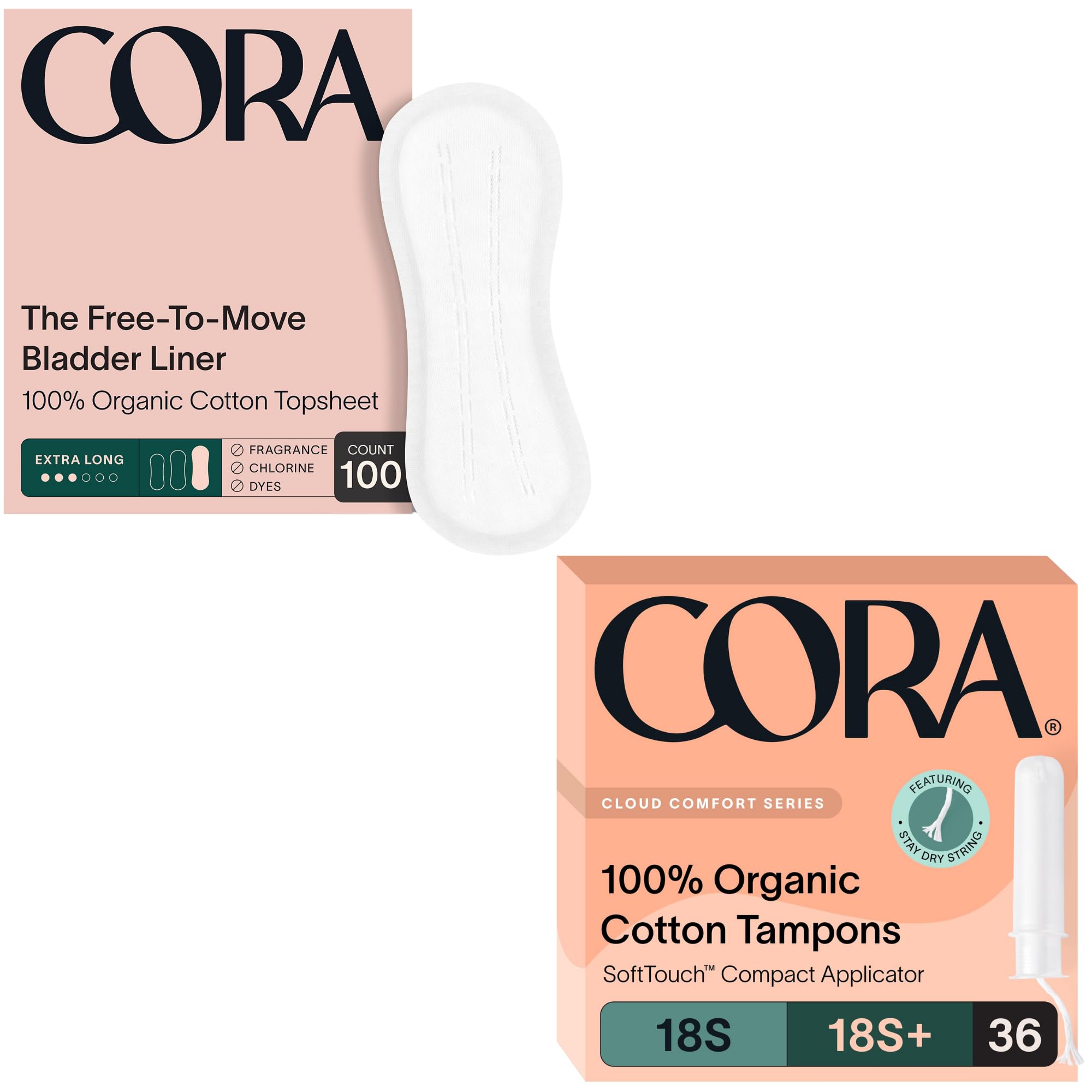 Cora Organic Feminine Care 100 Extra Long Bladder Liners Incontinence Postpartum Pads and 36S S Applicator Tampon Multipack
