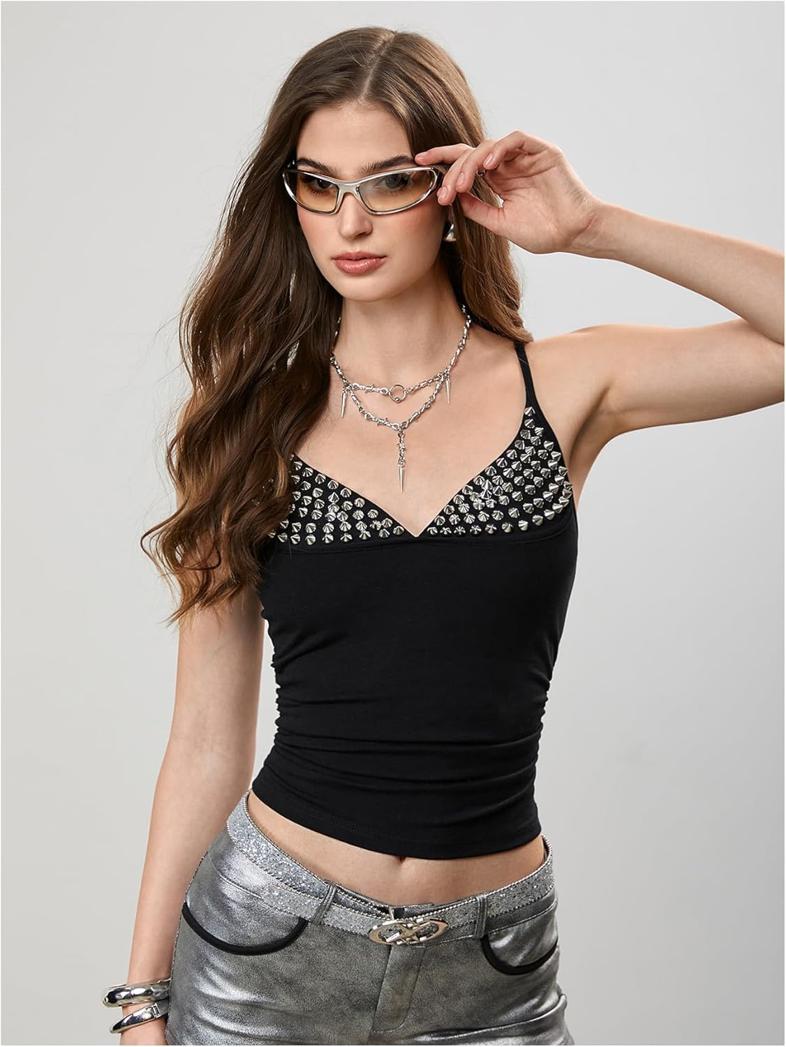 Verdusa Women's Y2k Studded Going Out Tops 2000s Deep V Neck Goth Camisole Top Club Outfits - Image 6