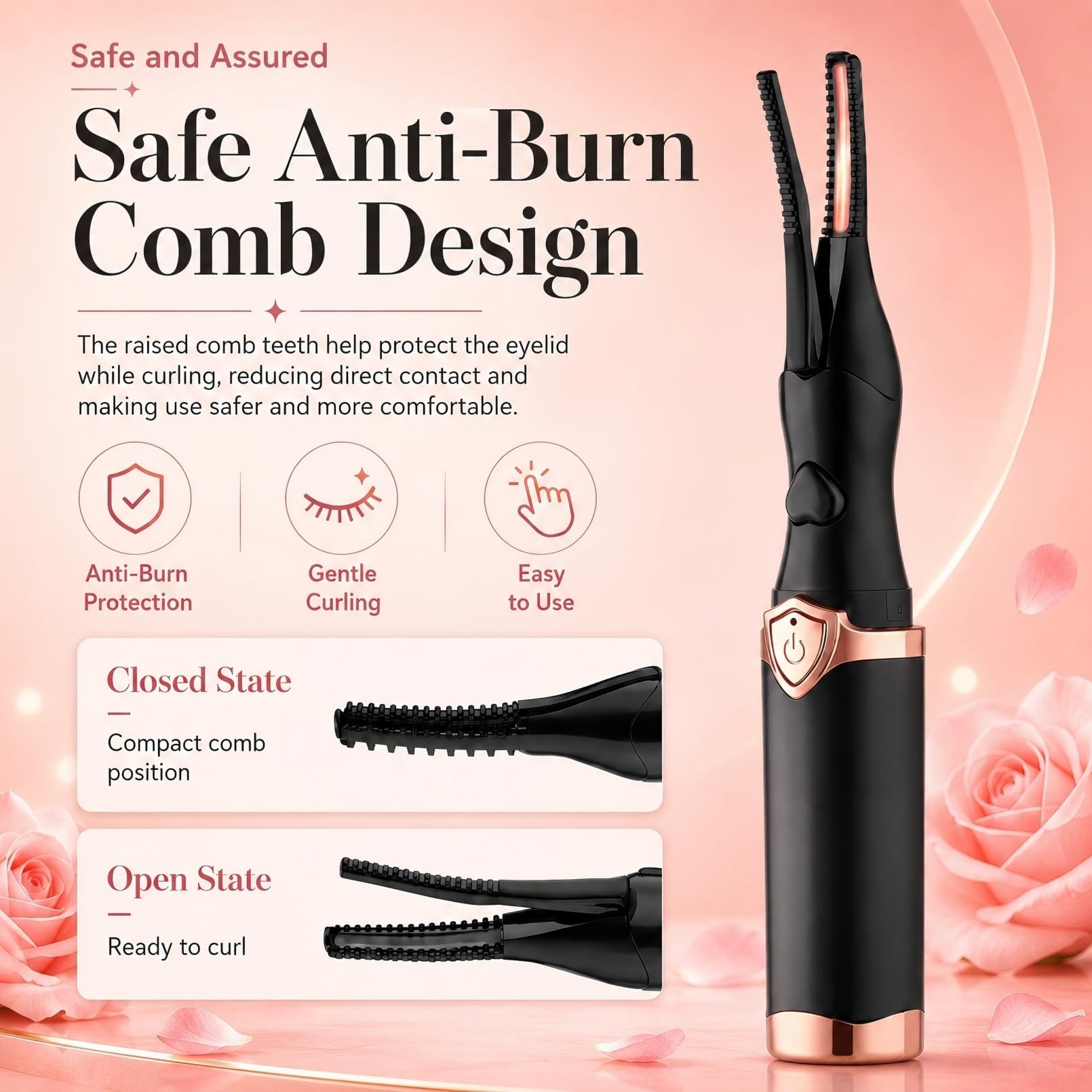 Rizador Pestañas Electrico, Heated Eyelash Curler con Termico Calienta en 10 seg 3 Accurate Temperaturas Hasta 95°C para Longue Efecto 24 Horas, Auto Off, Uso Rápido y Sencillo, Recargable por USB
