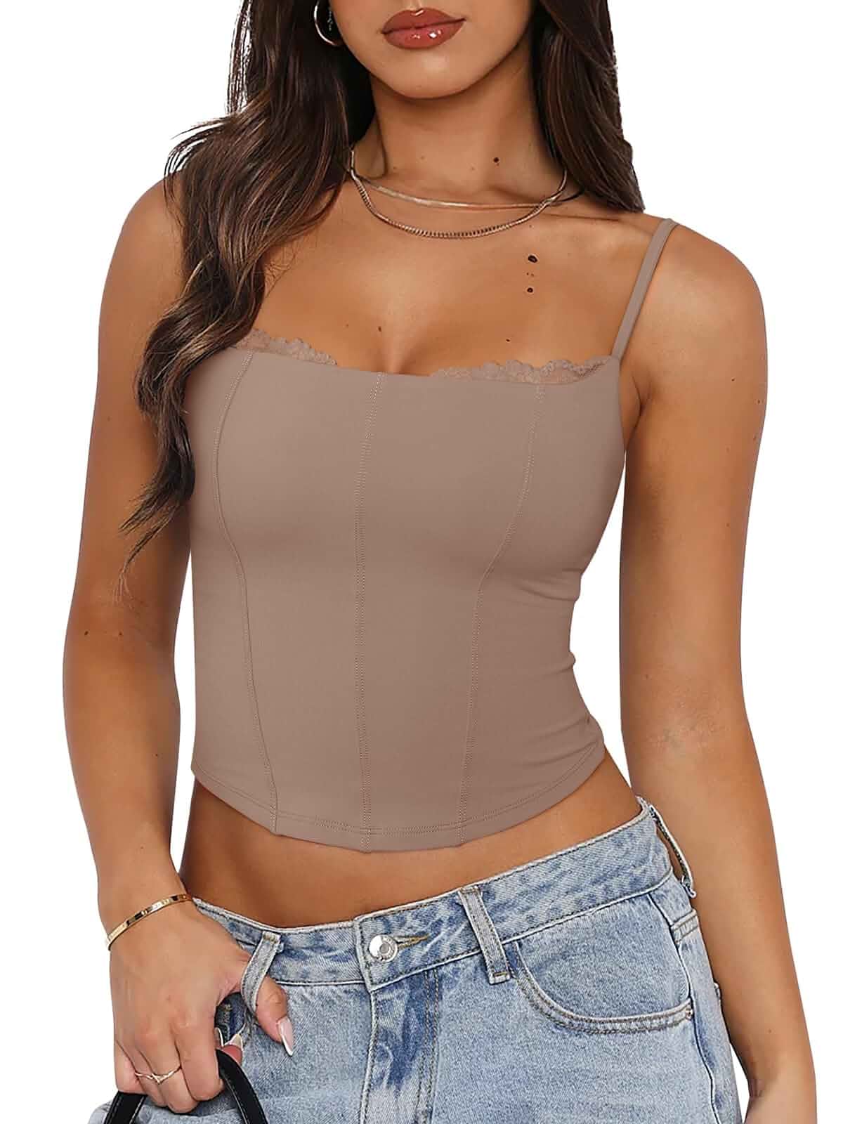 PINKMSTYLE Womens Bustier Corset Tops Spaghetti Strap Camisole Tank Tops Y2K Date Night Going Out Outfits Sleeveless