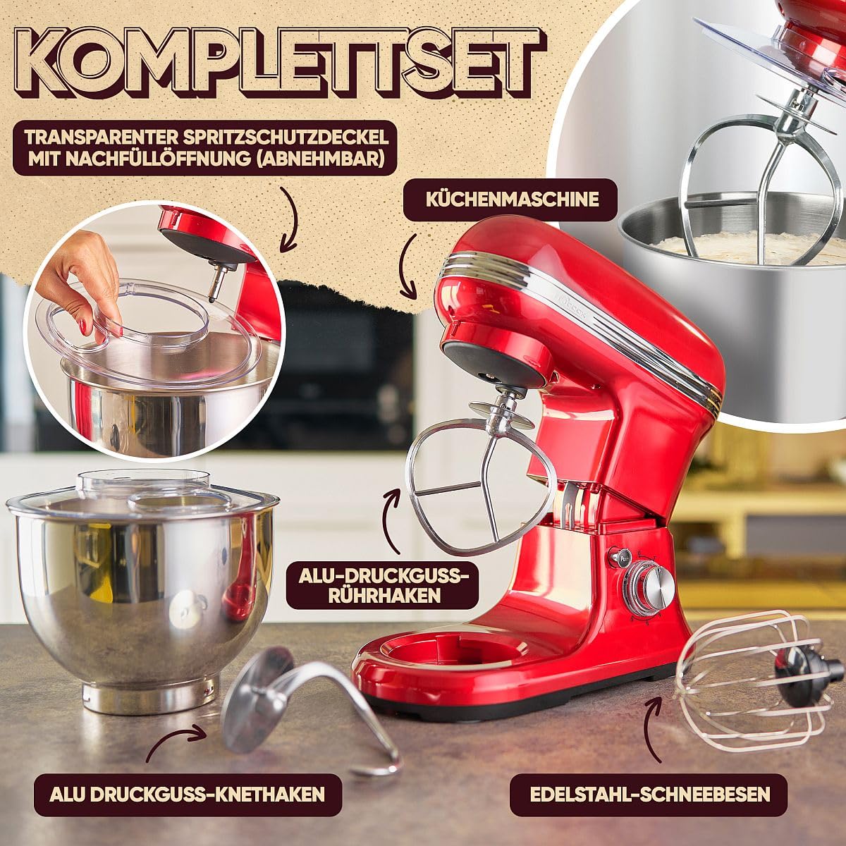 ProfiCook® Küchenmaschine zum backen | Knetmaschine 5L mit starkem 1200W Motor | Teigmaschine inkl. Haken & Schneebesen | Retro Teigknetmaschine Spritzschutz mit Nachfüllöffnung | PC KM 1197 rot