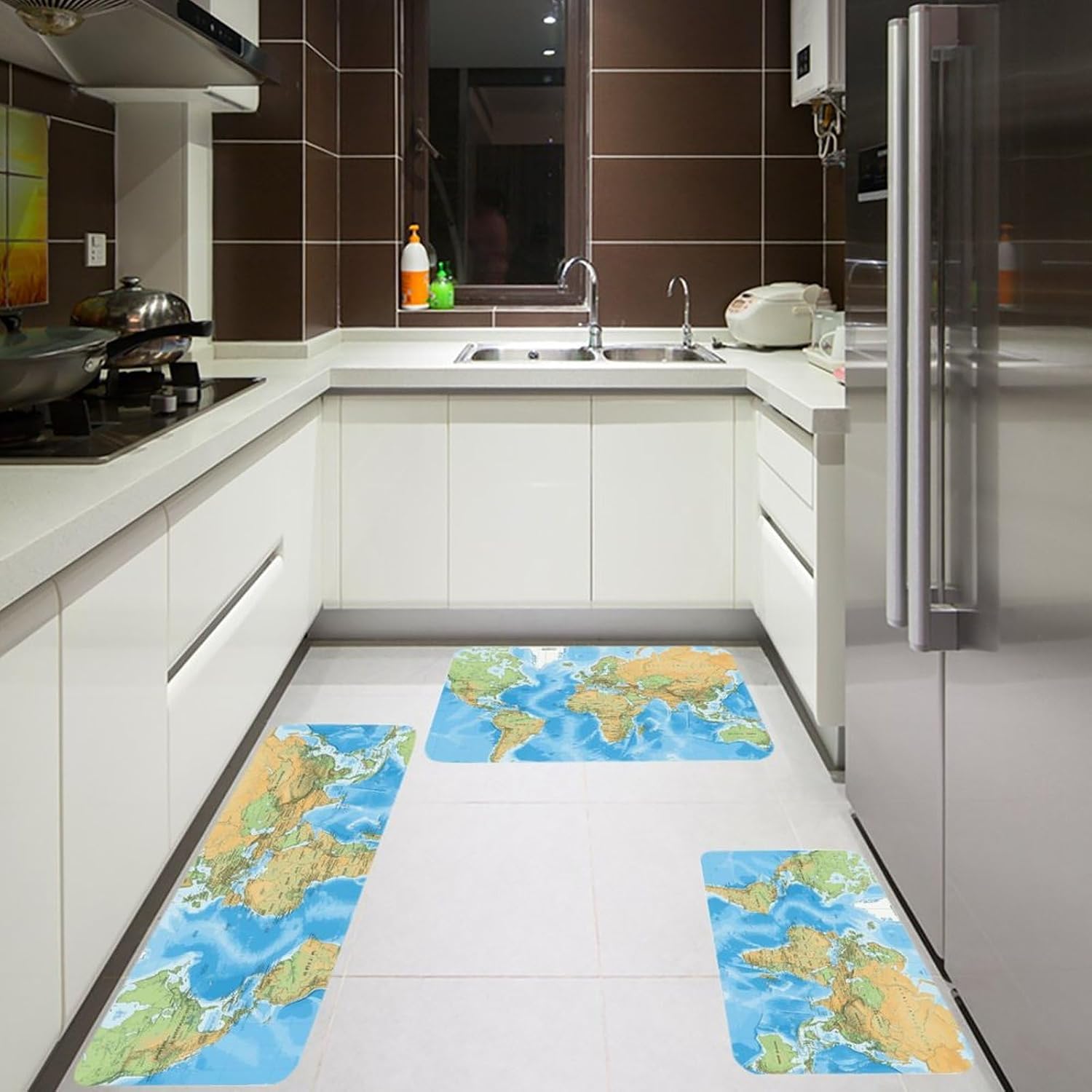 World Map Kitchen Mats for Floor 3 Pcs Kitchen Rugs