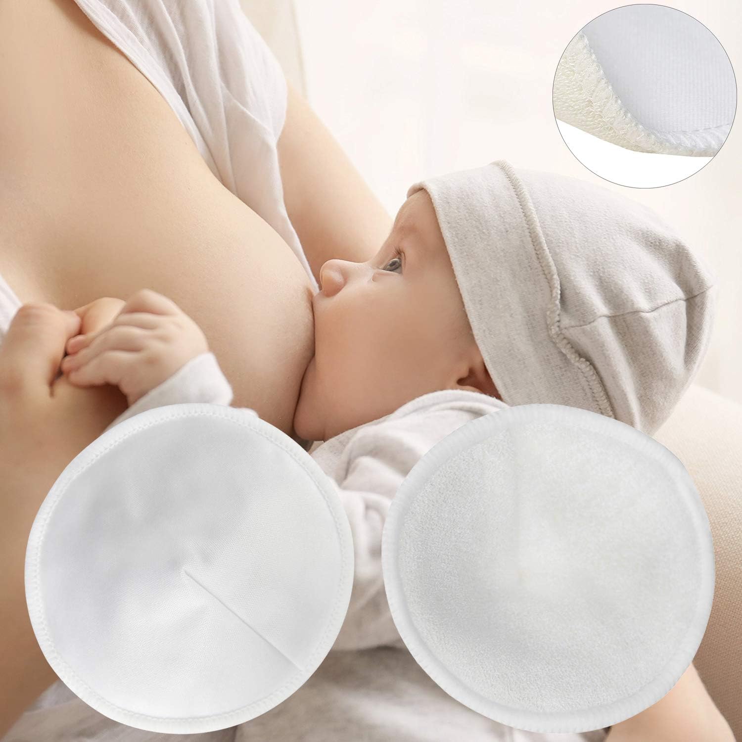 Pinowu Nursing Breast Pads with Laundry Bag (12pcs) - Contoured Breastfeeding Nipple Pad (Pastel Touch, 4.5 inch)