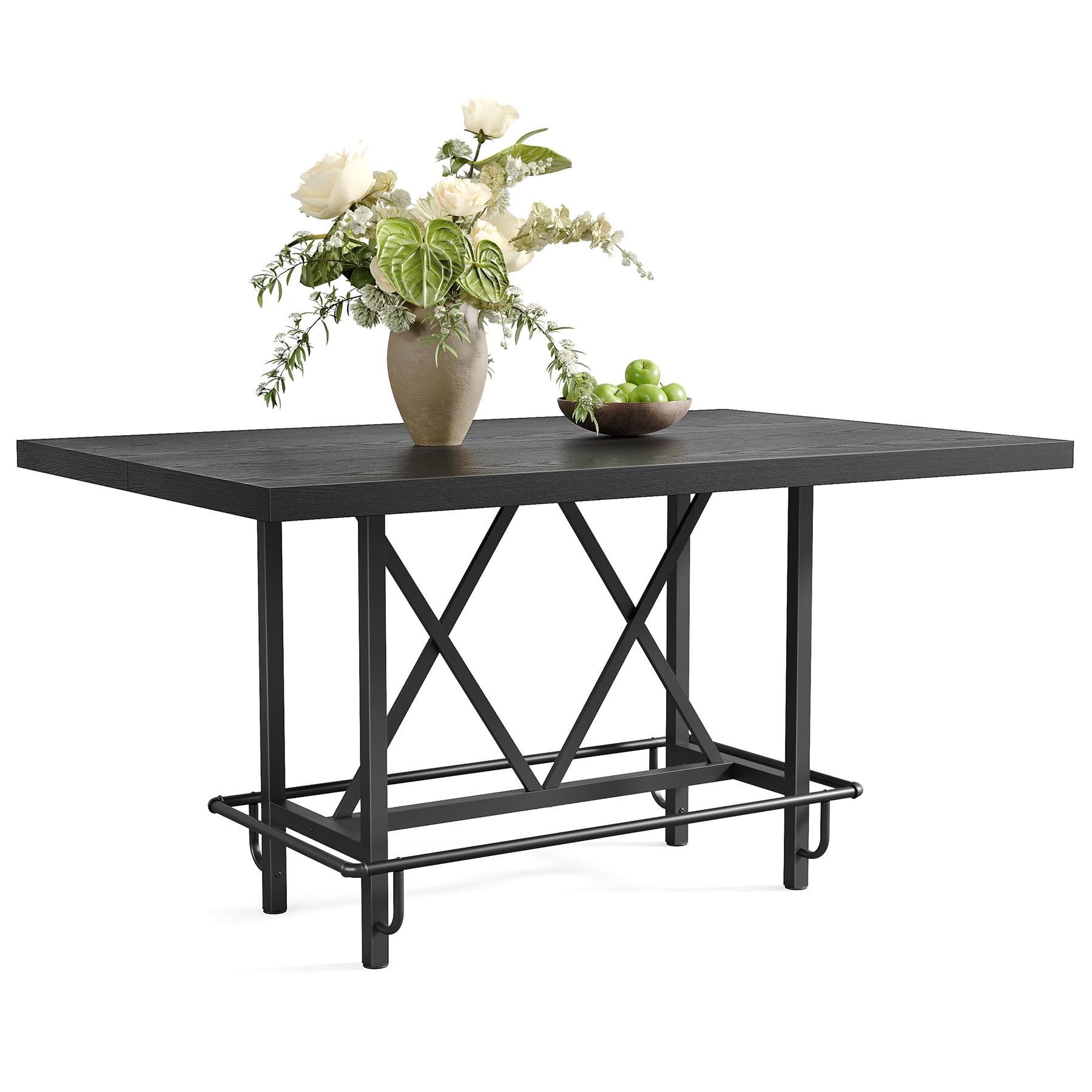 LITTLE TREE 63-Inch Industrial Bar Table with Metal Footrest, Counter Height Pub Table for Kitchen, Home Bar & Entertaining (Black)