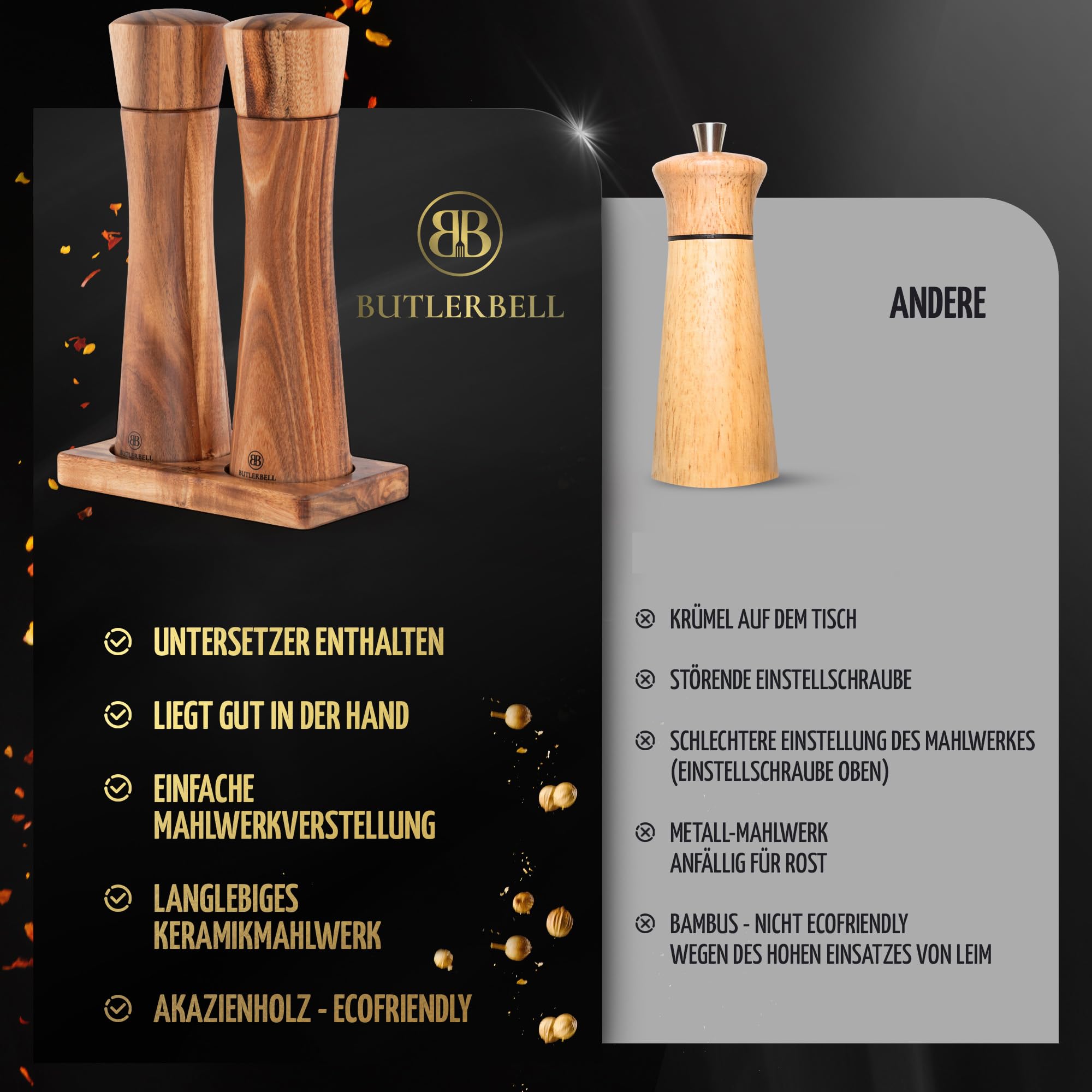 BUTLERBELL® Drewniany młynek do soli i pieprzu, z podstawką, zestaw 2 młynków do przypraw z regulowanym ceramicznym mechanizmem mielącym, szlachetny młynek do soli i pieprzu, wykonany z wysokiej