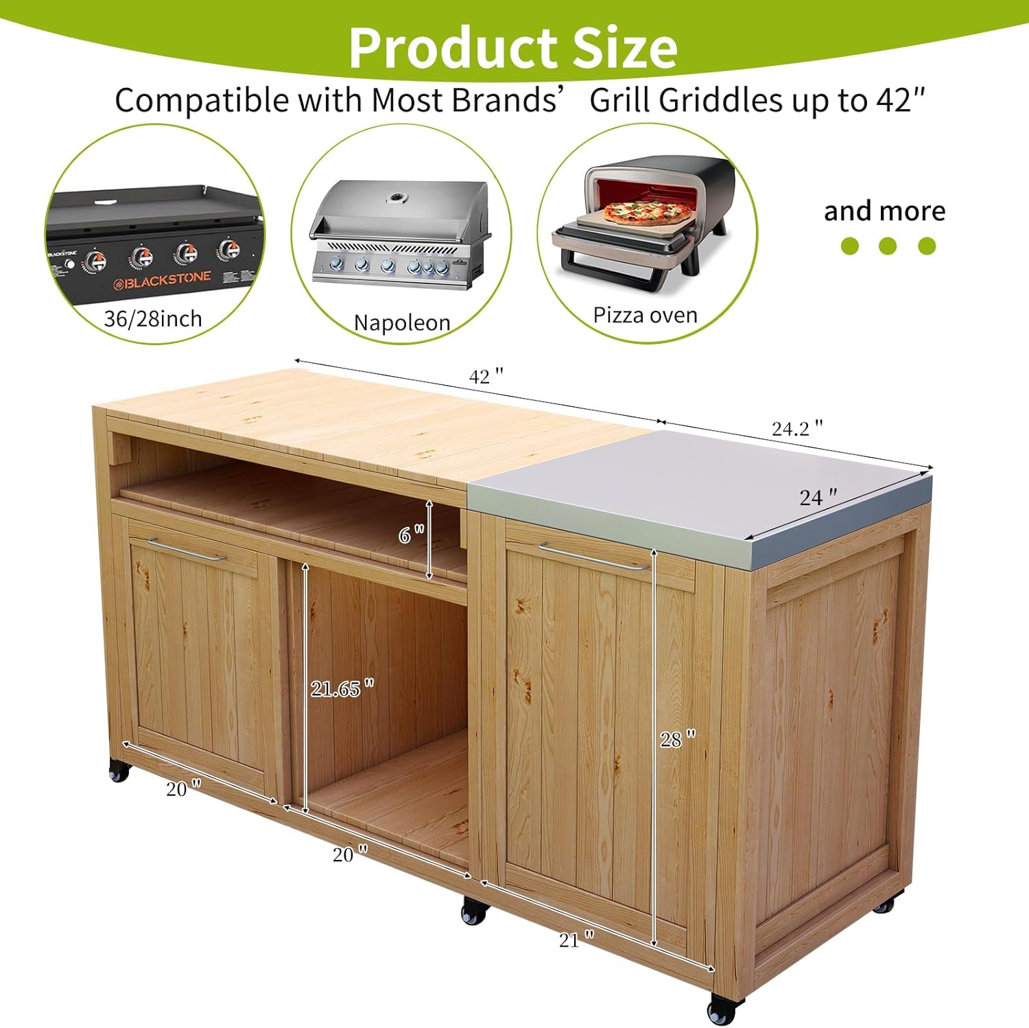 Outdoor Grill Cart for Blackstone Griddle, Solid Wood Grill Table, Outdoor Kitchen Island with Cabinets and Removable Tops on Wheels Compatible with 28'/36" Blackstone Griddle (Wood)