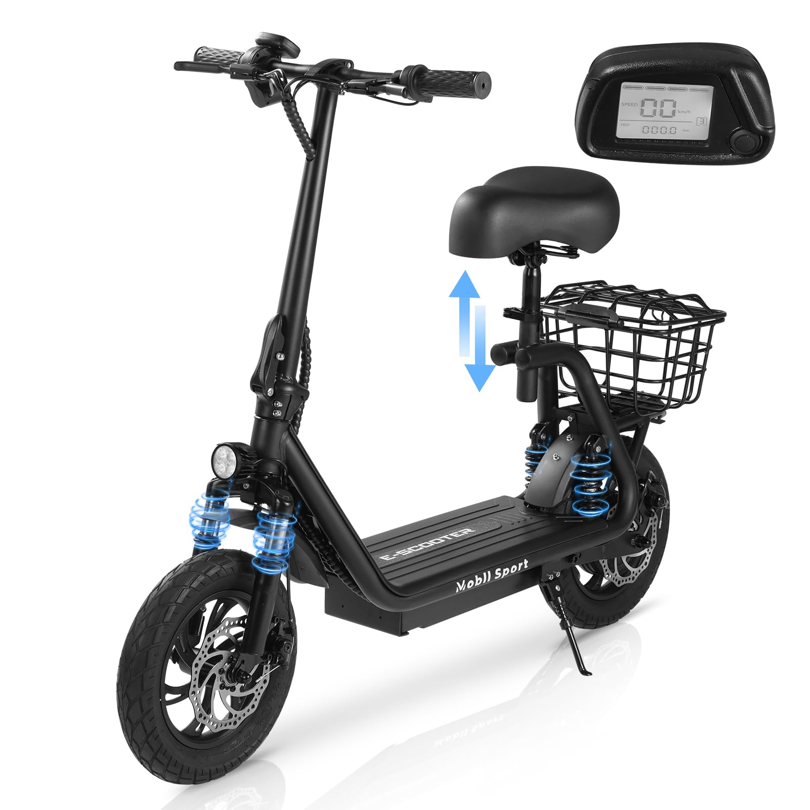 Electric Scooter Seat, 500W Powerful Motor, 24MPH, 22Miles Range, Dual Suspensions Commuting Foldable Scooter Bike with Seat & Carry Basket, 265lbs Max Load E Mopeds for Adults