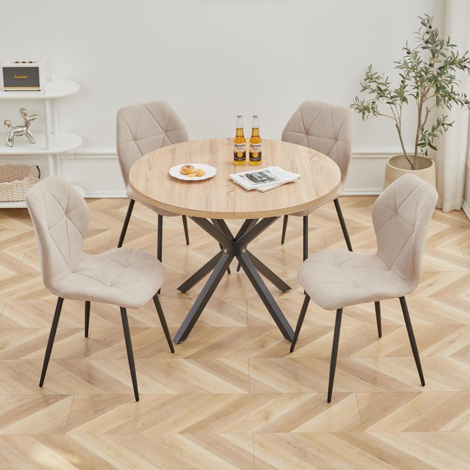 Esstisch und Stuhlset, 100 cm Runder Esstisch und 4 Moderne Leinenstühle, für Esszimmer, Küche, Wohnzimmer (Helle + Khaki)