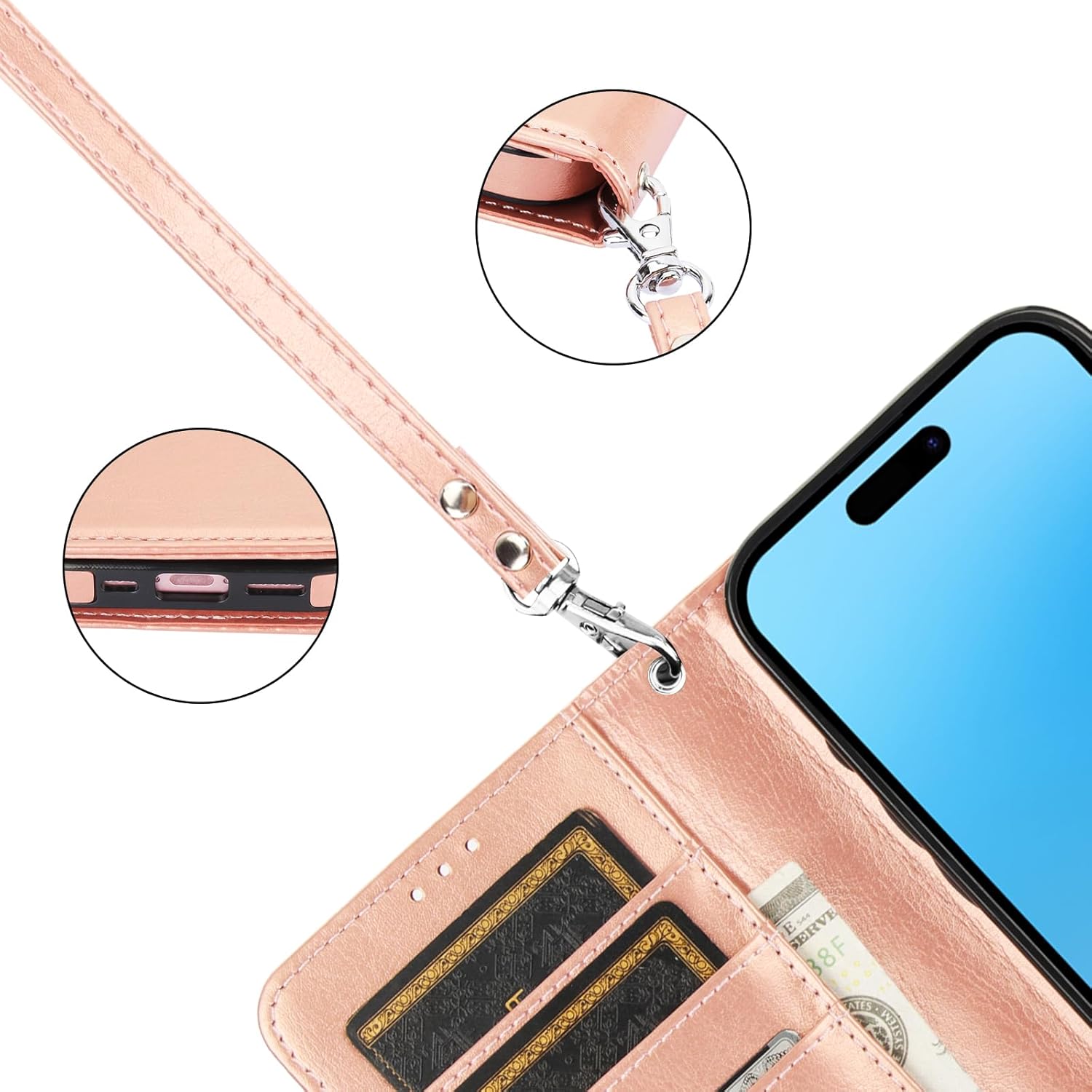 Bocasal Detachable Wallet Case for iPhone 16 RFID Blocking Card Slots Holder Premium PU Leather Magnetic Kickstand Shockproof Wrist Strap Removable Flip Protective Cover 5G 6.1 inch (Rose Gold)