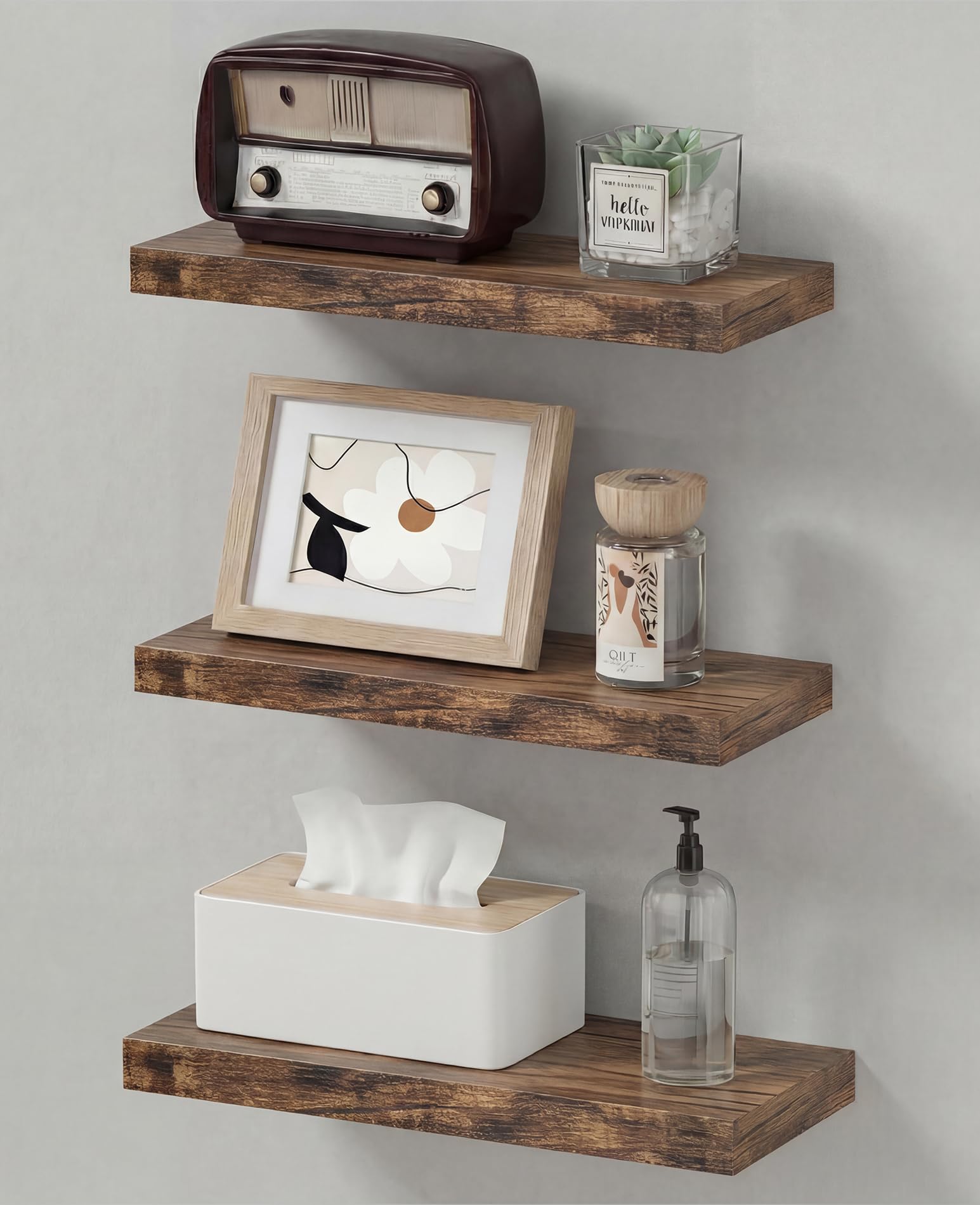 Photo 1 of Duvique Easy Install Floating Shelves, 15.7 Inch Wall Mounted Wooden Shelf, Small Hanging Shelf for Home Decor, Books and Storage, Organizer for Bedroom, Bathroom, Kitchen, Set of 3, Vintage Brown