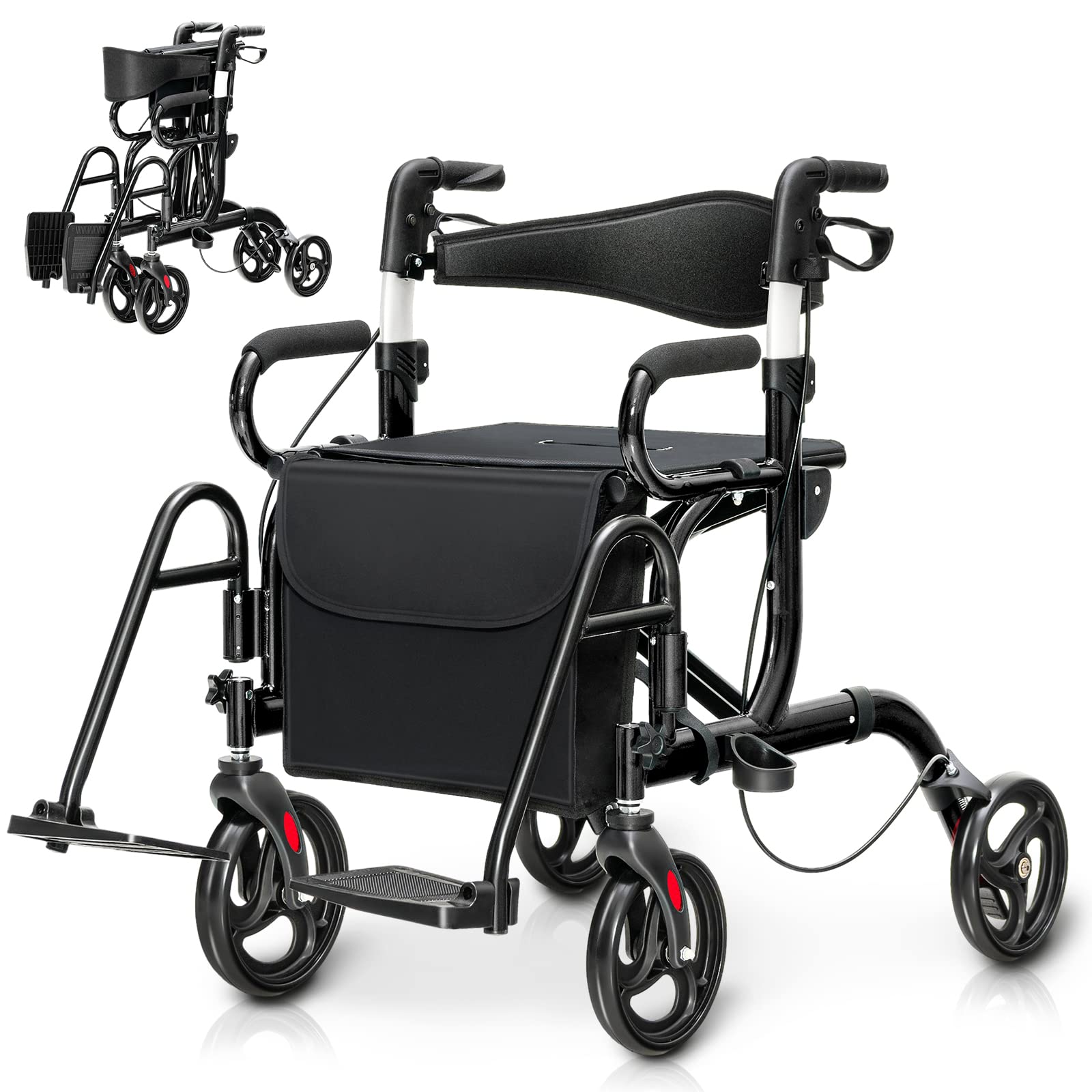 GYMAX Deambulatore 2-in-1 con Sella, Passeggio per Anziani Pieghevole con Altezza Regolabile, Borsa di Stoccaggio Rimovibile, Sedia a Rotelle in Alluminio Leggera, Nero