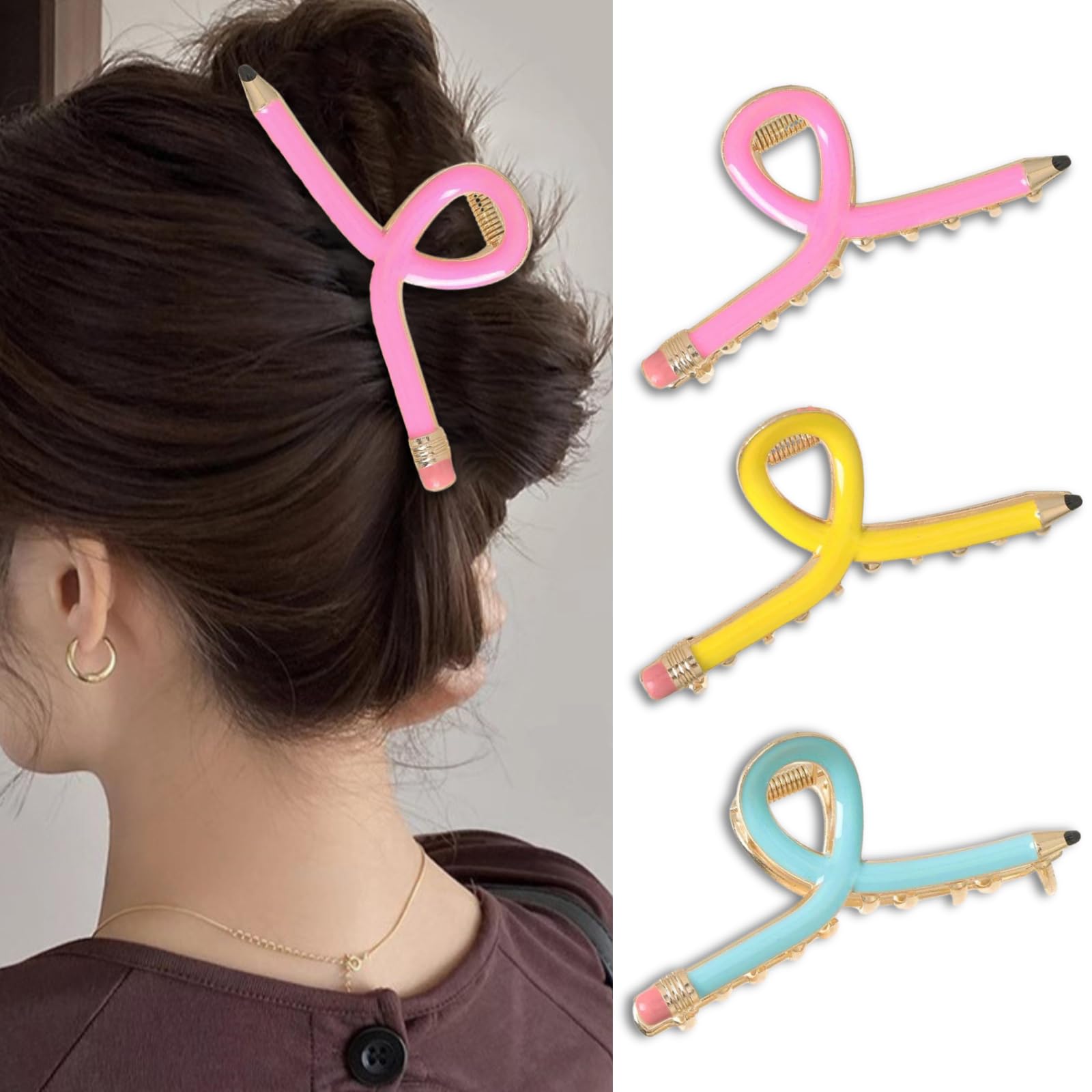 3Pcs Pencil Hair Clips for Thick Hair Funny Teacher Claw Clips Cute Color Pencil Metal Jaw Barrettes for Women Back to School Non-slip Teacher Banana