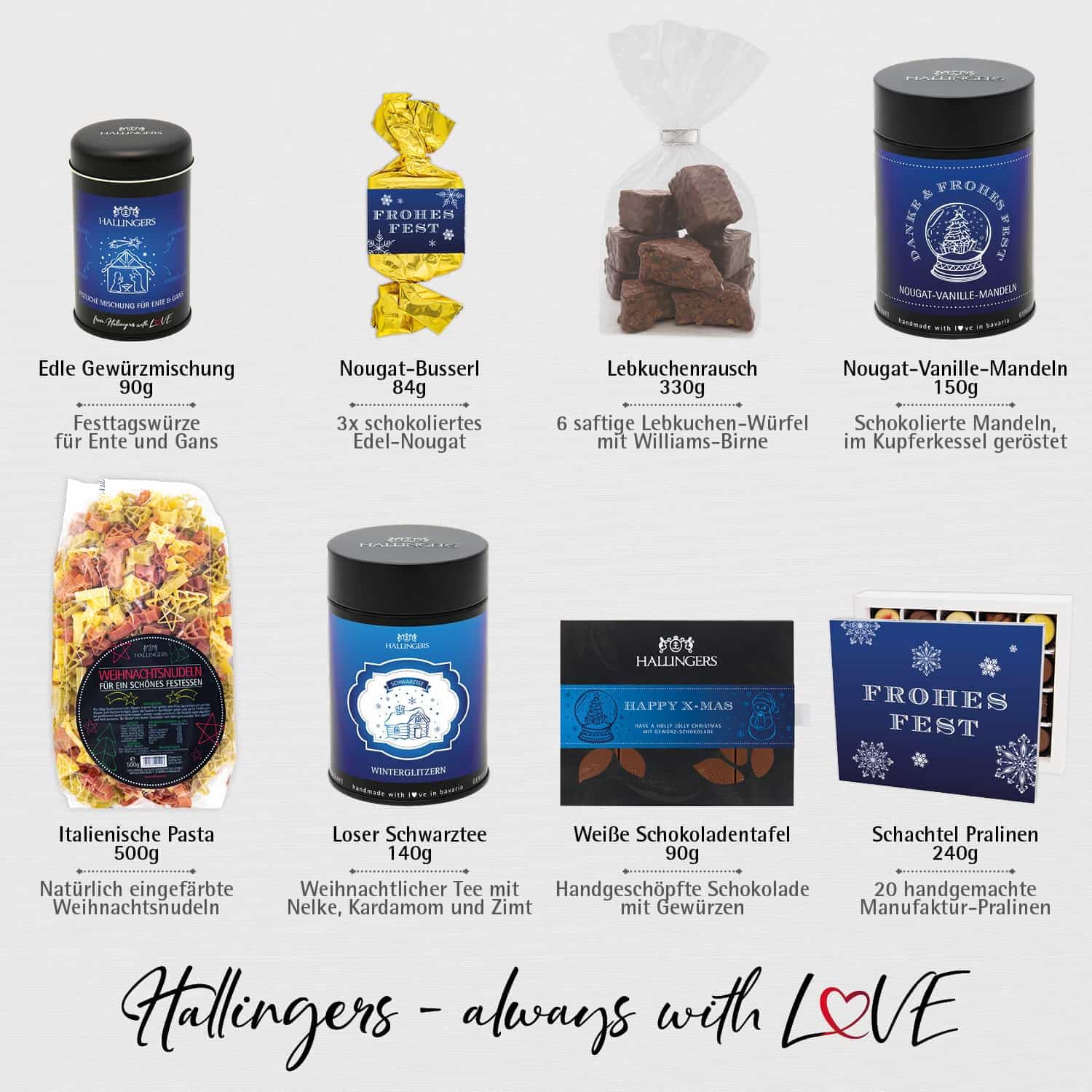 Hallingers Genuss Manufaktur Feinkost Weihnachts-Geschenk-Set - XXL-Geschenkkorb "Fröhliche Weihn..." große Selektion Pasta, Lebkuchen, Gewürz Nougat Badesalz Schoki & mehr, Weihnachten für Frauen