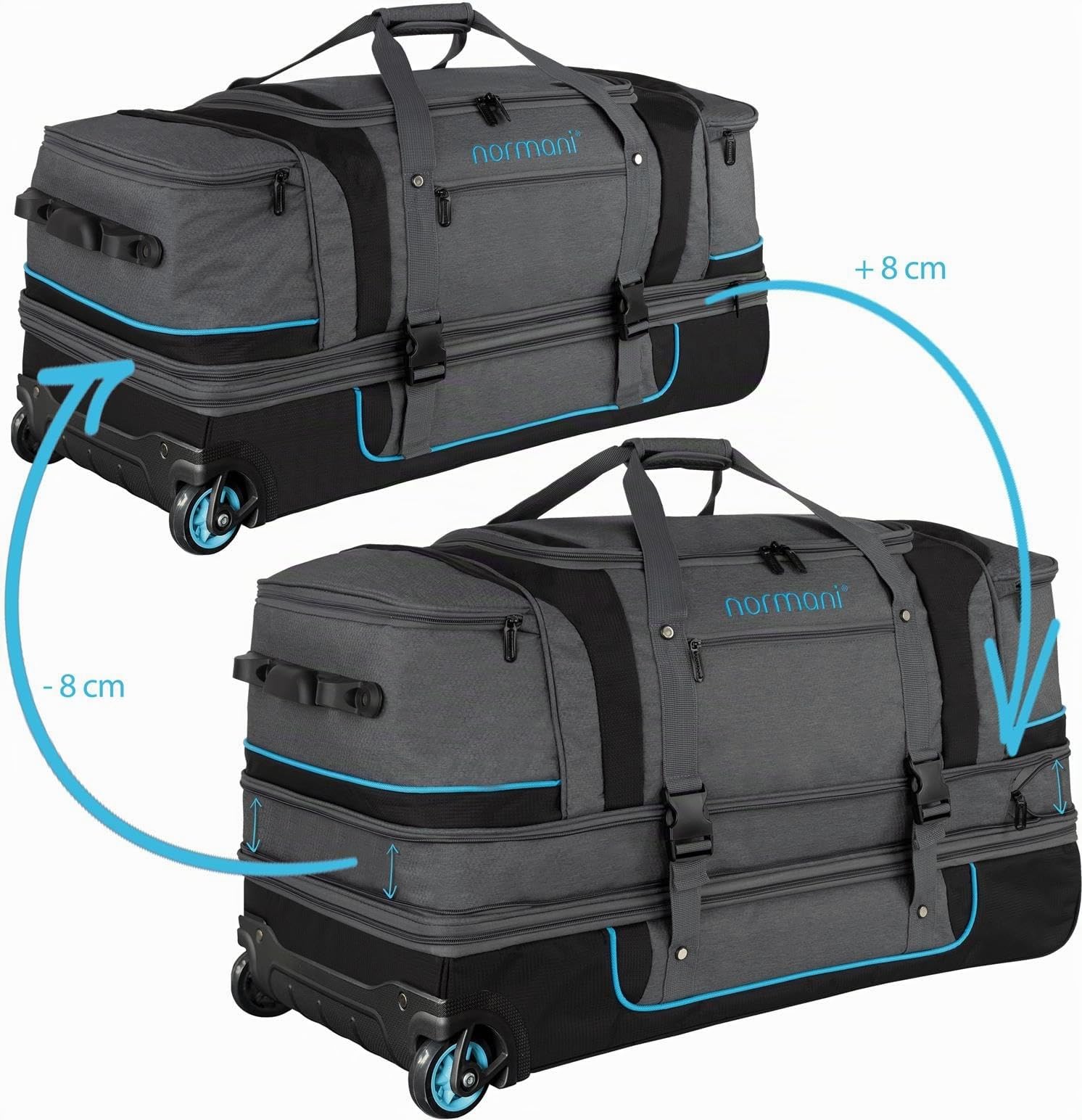 Reisetasche 120-150 L Reisetrolley mit Rollen mit Kleidertaschen Farbe Grau/Blau