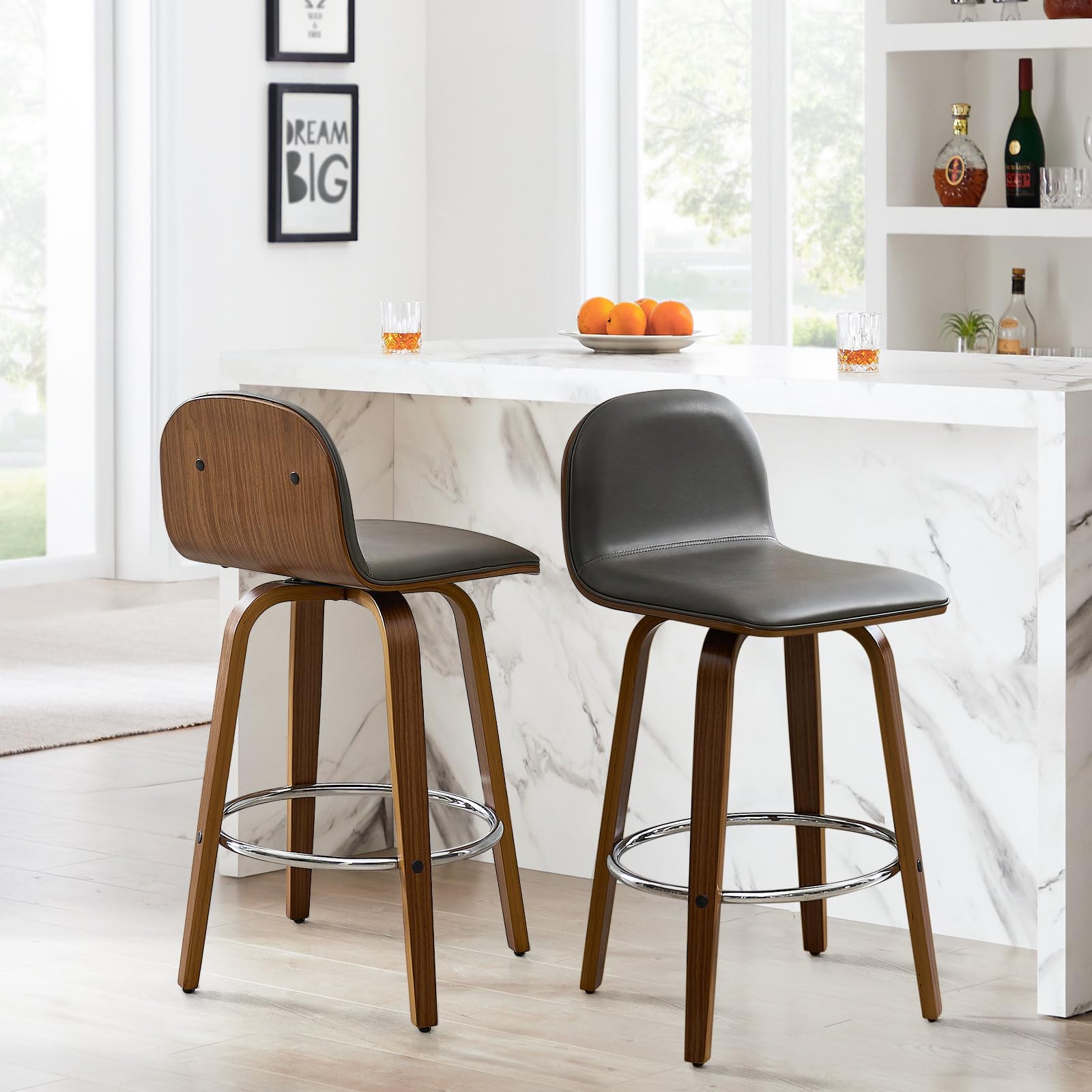 Bekrvio Swivel Counter Height Bar Stools Set of 2, Mid-Century Modern Upholstered PU Leather Barstools with Low Back & Walnut Bentwood Legs, 26" Seat Height Counter Stools for Kitchen Island, Grey