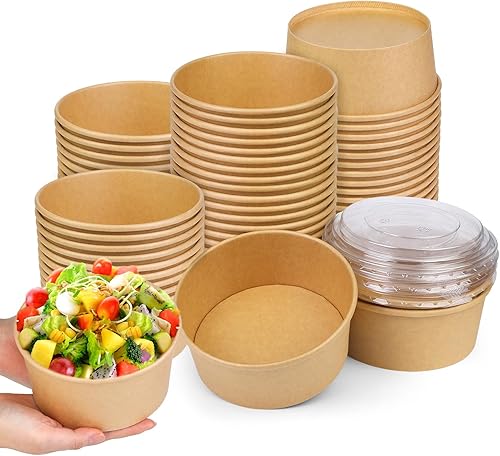 Paquete de 50 recipientes desechables de 25 onzas con tapas, cuencos de papel con tapas, recipientes de sopa con tapas, recipientes de papel para