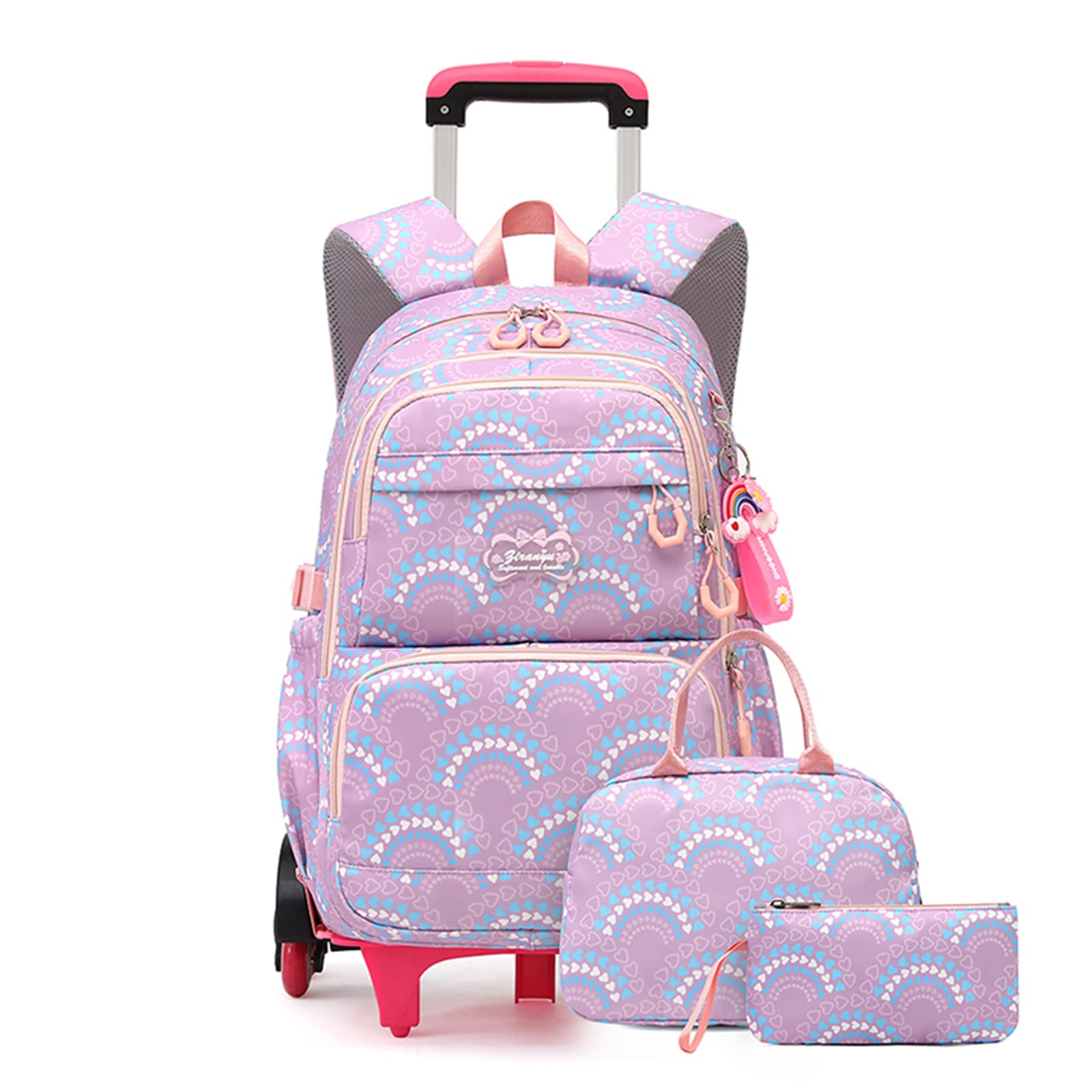 Mfikaryi 3PCS Girls Rolling Backpack Elementary Student Schoolbag Travel Trolley Bag Wheeled Bookbag with Lunch Box