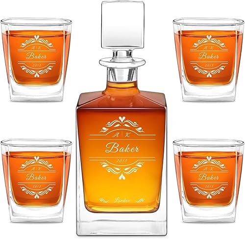 Maverton Juego de decantador de whisky grabado para parejas, dispensador de bebidas elegante personalizado para aniversario, 4 vasos de whisky con