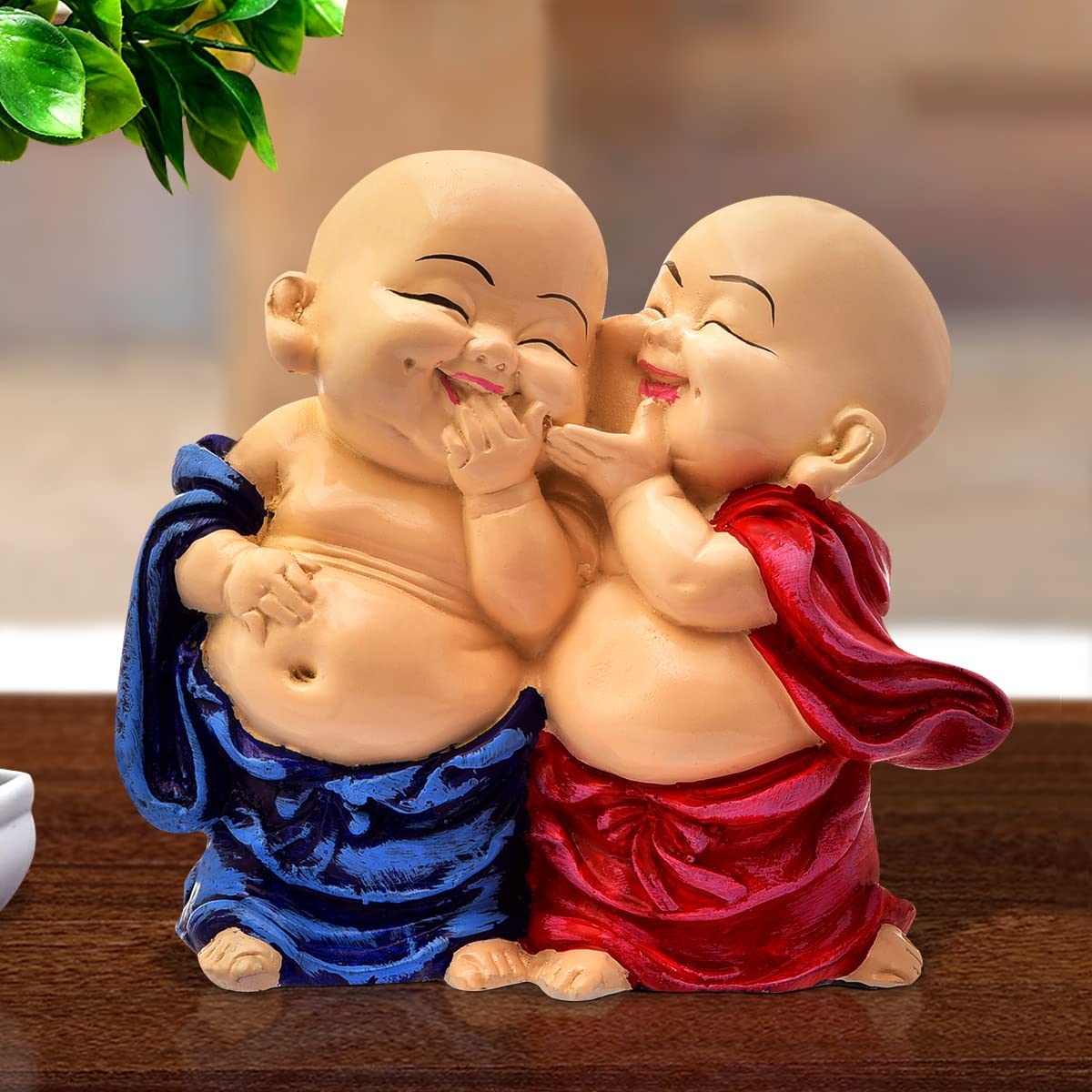 Karigaari India Handcrafted Resin Little Laughing Buddha Monk Showpiece | Cute Sculpture for Home Decor & Office Desk | Blue and Red Miniature Monk Idol