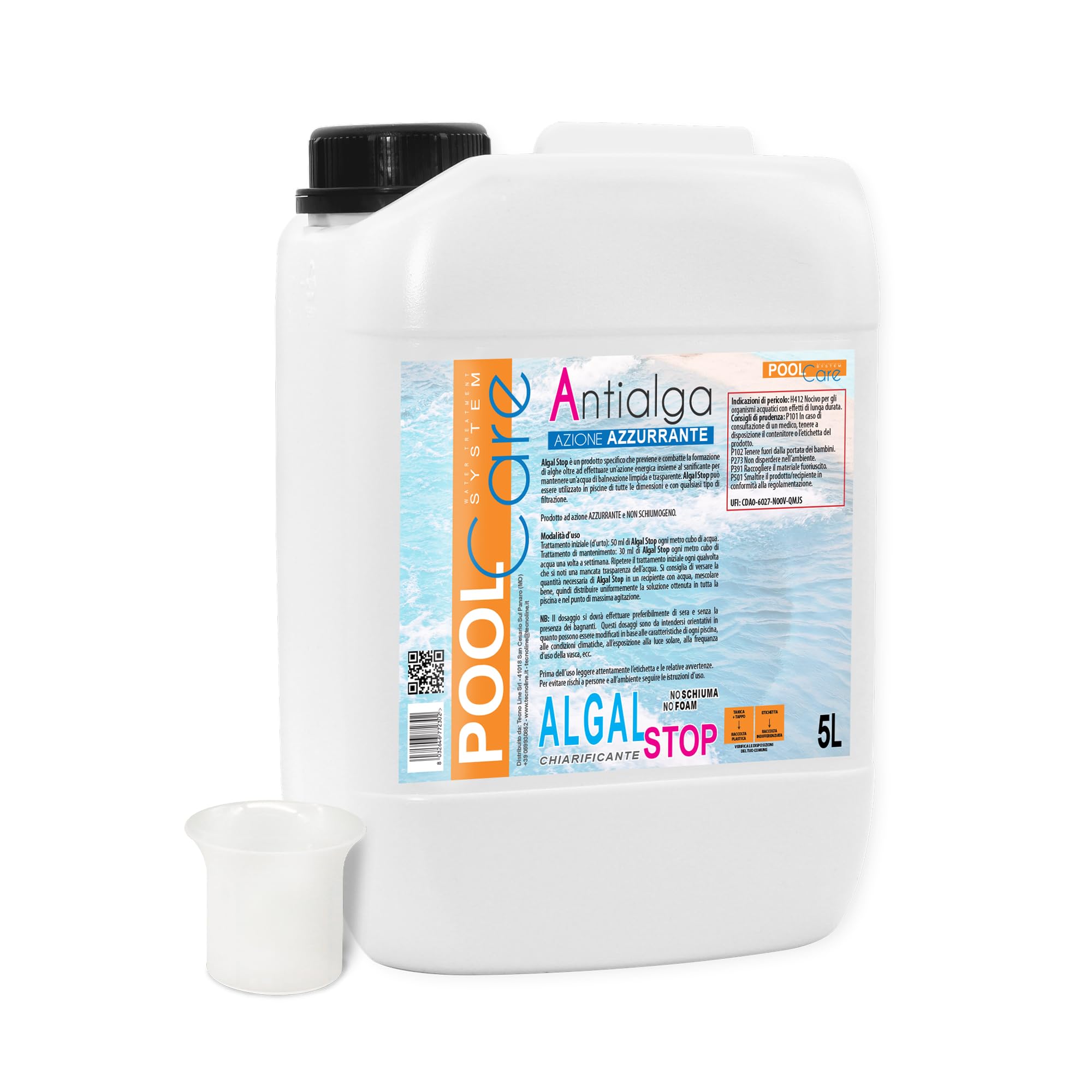Pool Care ALGAL STOP + Dosatore, Elimina le Alghe, Concentrato - 5 LT | Trattamento Acqua Elimina Alghe, Ideale per Piscina.