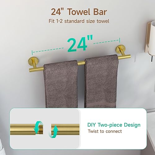 Miniatura 2 de USHOWER Juego de accesorios de baño de oro cepillado, juego de toallero de 24 pulgadas montado en la pared, juego de accesorios de baño de acero