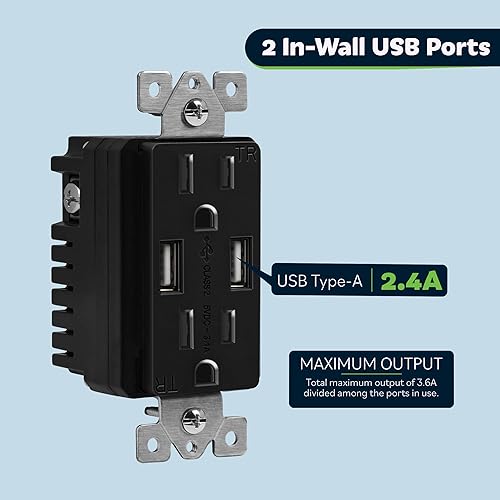 Miniatura 2 de TOPGREENER Cargador de salida de pared USB de 36 A actualizado enchufe de receptáculos dúplex de 15 A enchufe de alimentación de carga con puertos