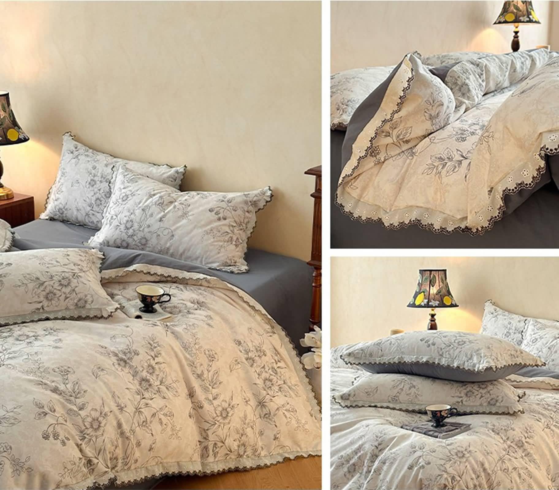 Zestaw poszewek na kołdrę 4 sztuki na łóżko 150, 200 x 230 cm, prześcieradło 245 x 250 cm i 2 poszewki na poduszki, wzór gałęzi kwiatów i liści z koronką, miękka bawełna, beżowo-ciemnoszary