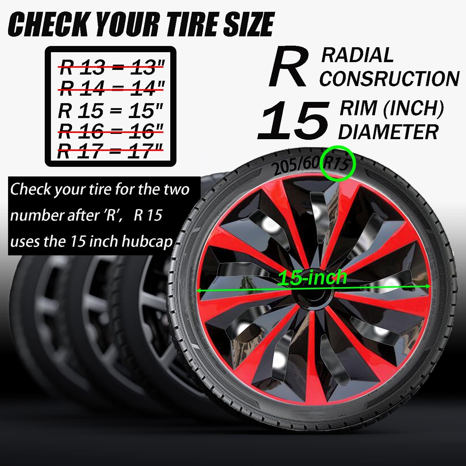 Hubcap Wheel Cover Replacement R15 Hub Caps Universal-Fit Steel Wheel Rim Cover ABS Material Exterior Accessories for Car Truck SUV -Set of 4?15-inch?Red-Black? TT-Red-Black 15-inch
