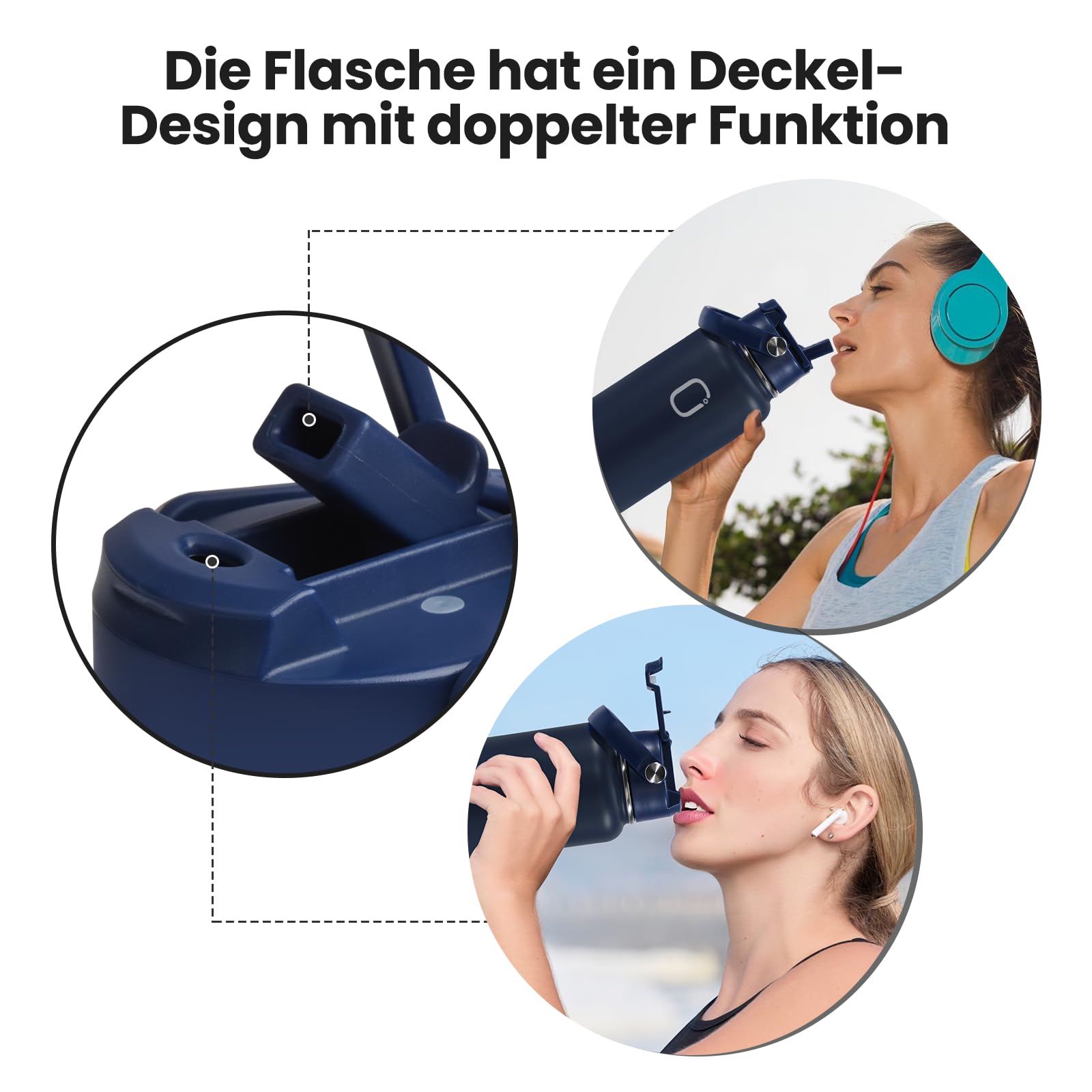 Qilmy Isolierflasche 625 Ml – Weiß-blaue Marmor-Optik, Doppelwandig Vakuumisoliert, Mit Strohhalm