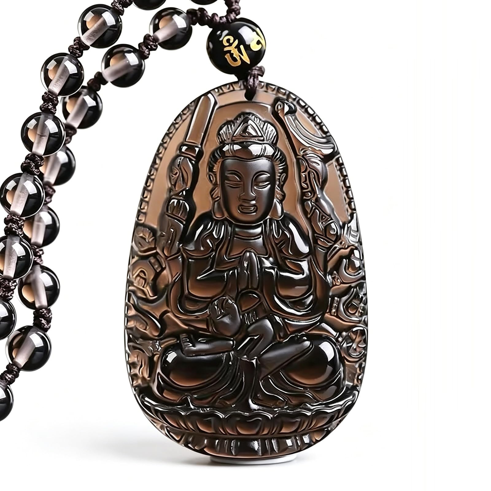 Phhxkkuo Black Obsidian Chinese Zodiac Guardian Buddha Pendant Necklace - Akasagarbha Samantabhadra Manjusri Bodhisattva Jewelry for Men Women Ben Ming Nian Gift,G,52 * 35 * 12mm