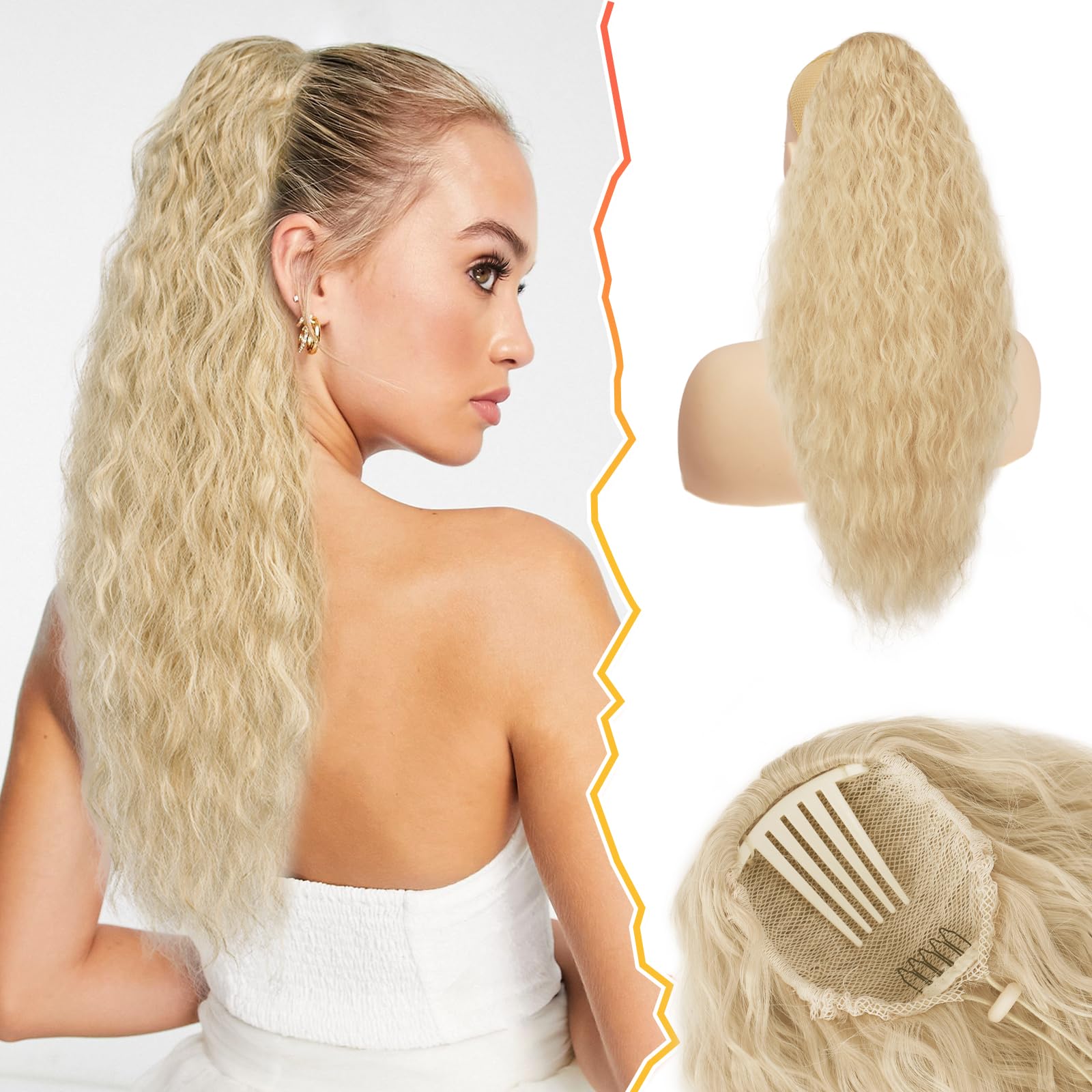 BARSDAR 22 Inch Long Curly Wavy Drawstring Ponytail Extension – Synthetic Comb Clip in Ponytail Hairpiece for Women, Voluminous Beige Blonde Ponytail