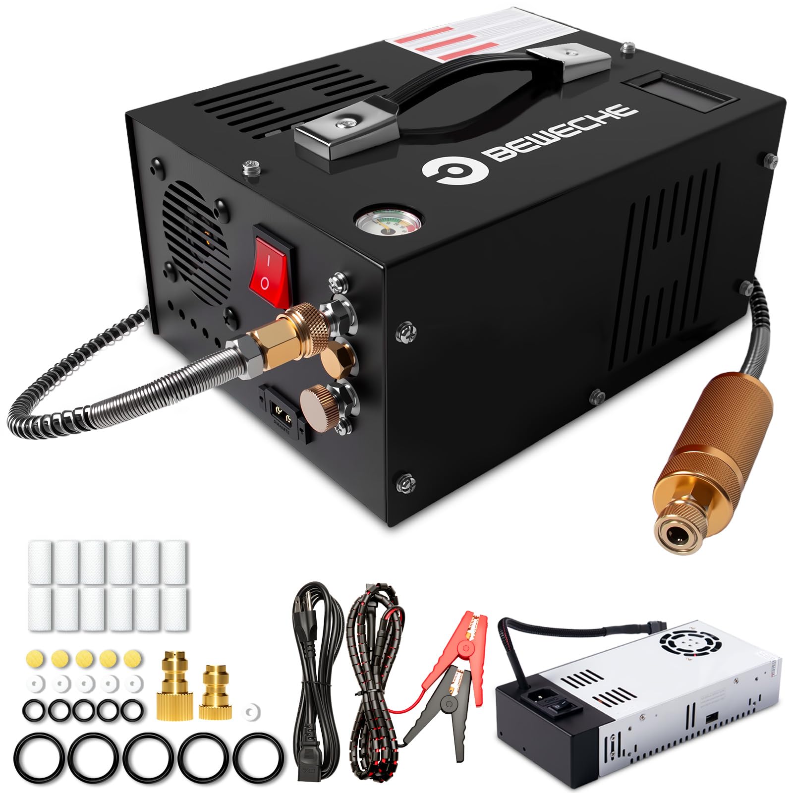 BEWECHE 2026 New PCP Air Compressor,4500PSI/30Mpa, Oil-Free Fast Fill with Auto Shut-Off, Dual 12V Car/110V Home Power, Cooling Fan for Airgun