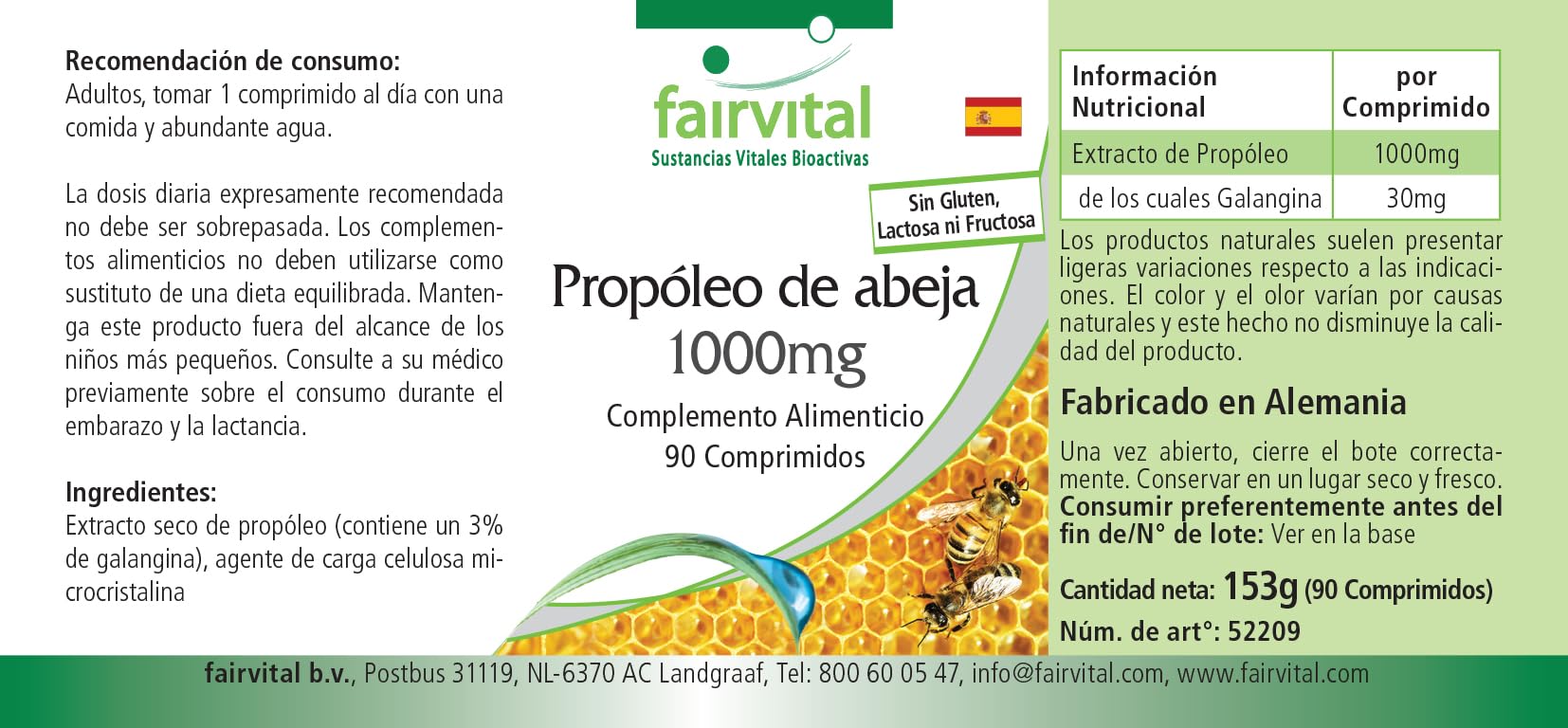 fairvital Propoli d'api 1000 mg, estratto naturale di resina d'api, con il 3% di galangina, ALTO DOSAGGIO, 90 compresse