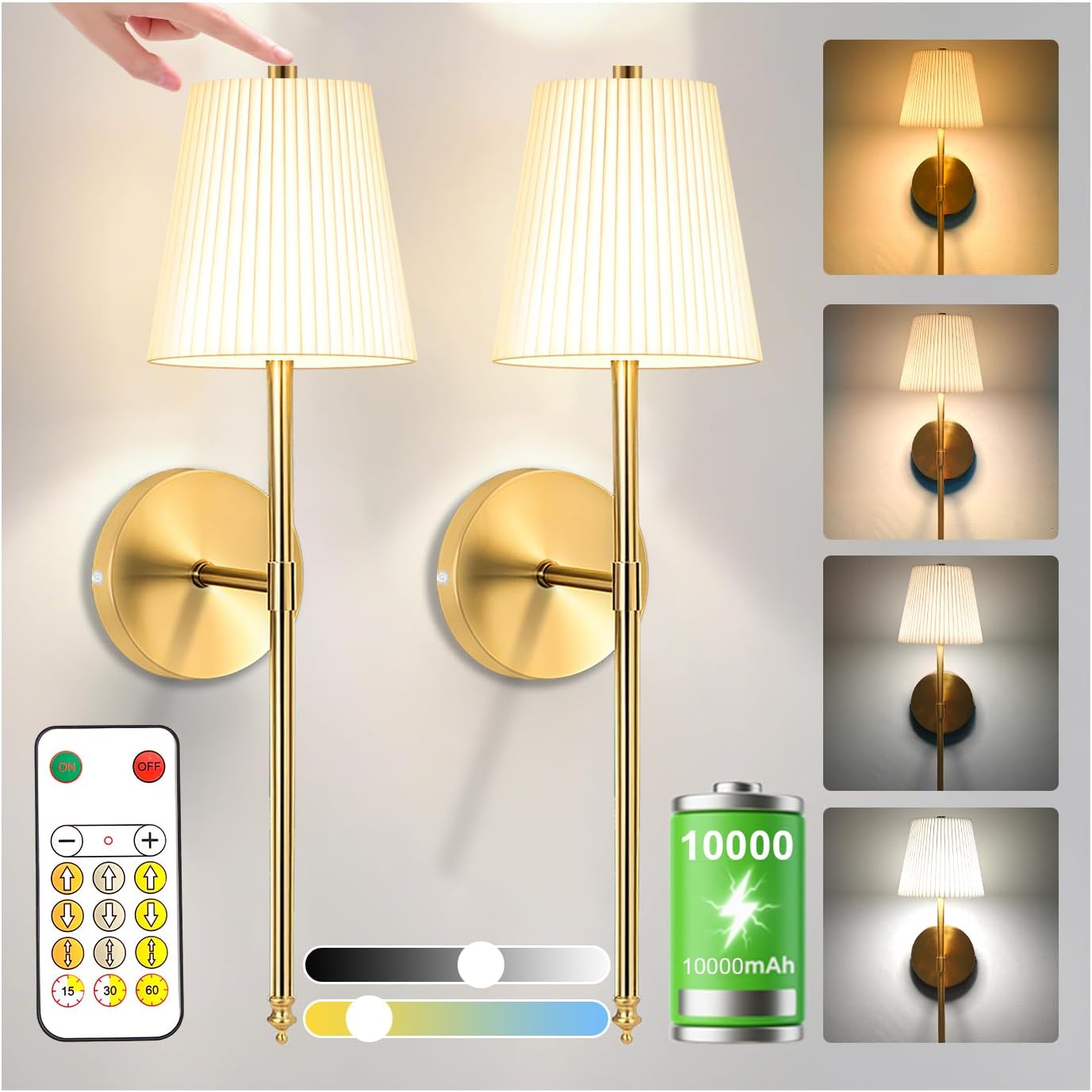 10,000mAh Rechargeable Battery Operated Wall Lights with Fabric Shade, Wireless Sconces with Remote and Touch Control, Dimmable 3 Color Temperature for Bedroom Living Room Hallway,Gold 2PCS