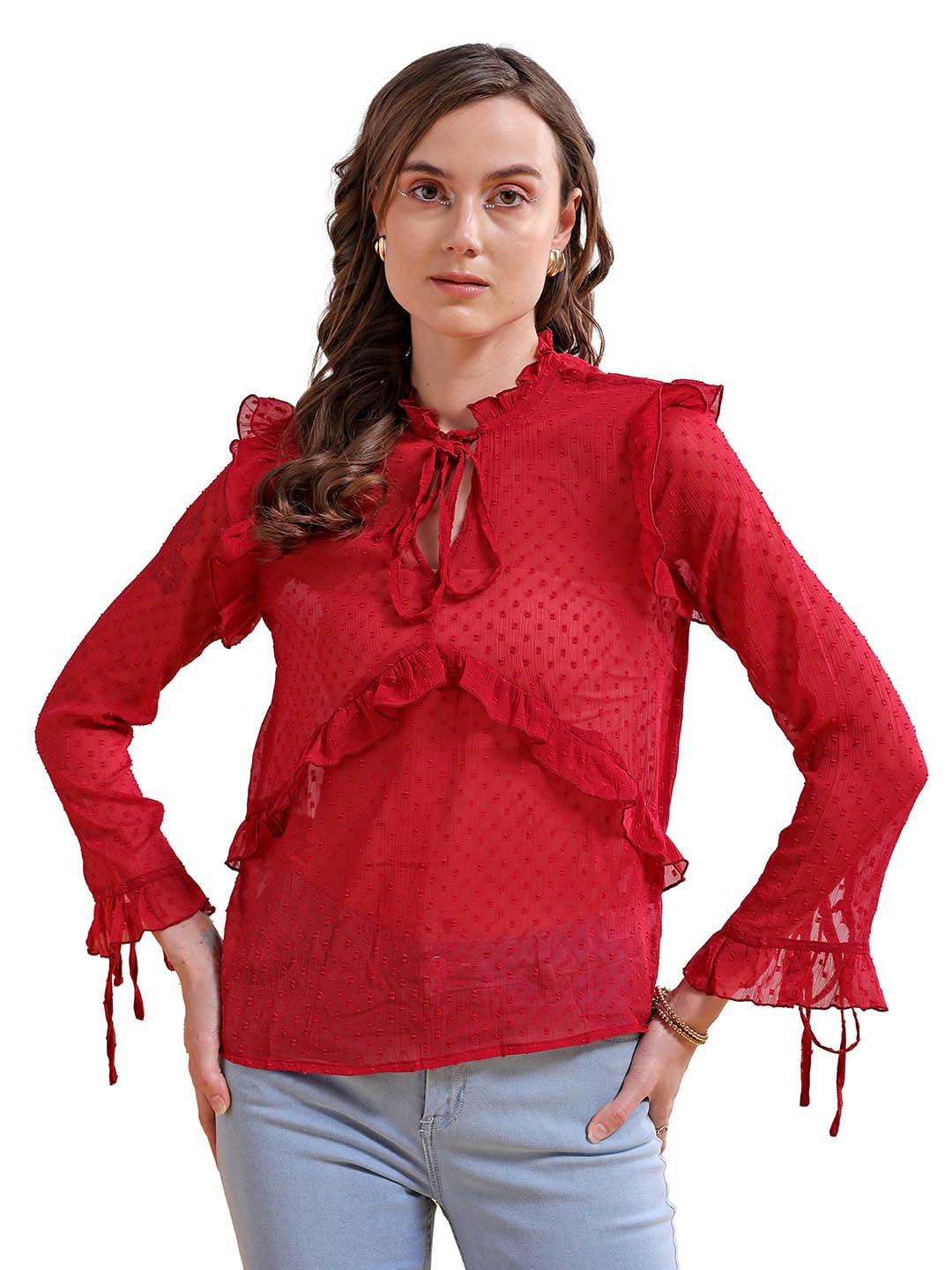 Freehand by The Indian Garage Co Women Loose Fit Casual Textured Ruffled Top Freehand by The Indian Garage Co Women Loose Fit Casual Textured Ruffled Top