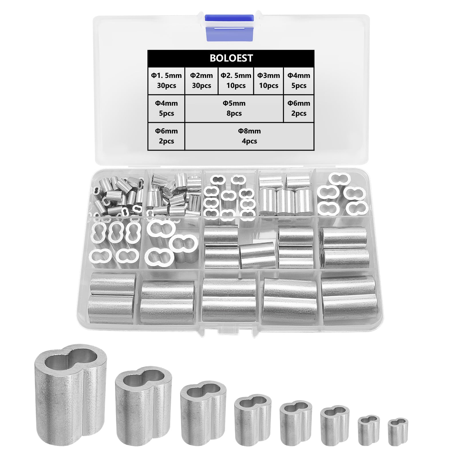 Crimping Loop Sleeve Clips，Aluminium Double Holes Press Clamps, Choke Clamps for Steel Cable Crimps, Wire RopeTarpaulin Rope(1.5-8mm,8 Size)