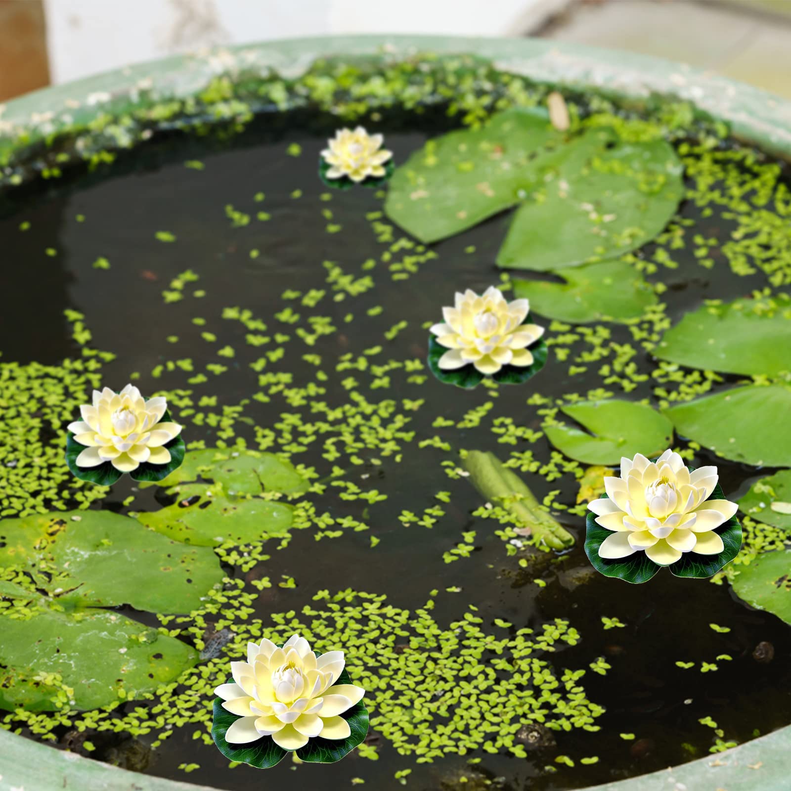 6 Pezzi Fiori Di Loto Artificiali Galleggianti - Ninfee Impermeabili Per Acquario, Laghetto O Giardino (Bianco) - Foto 3