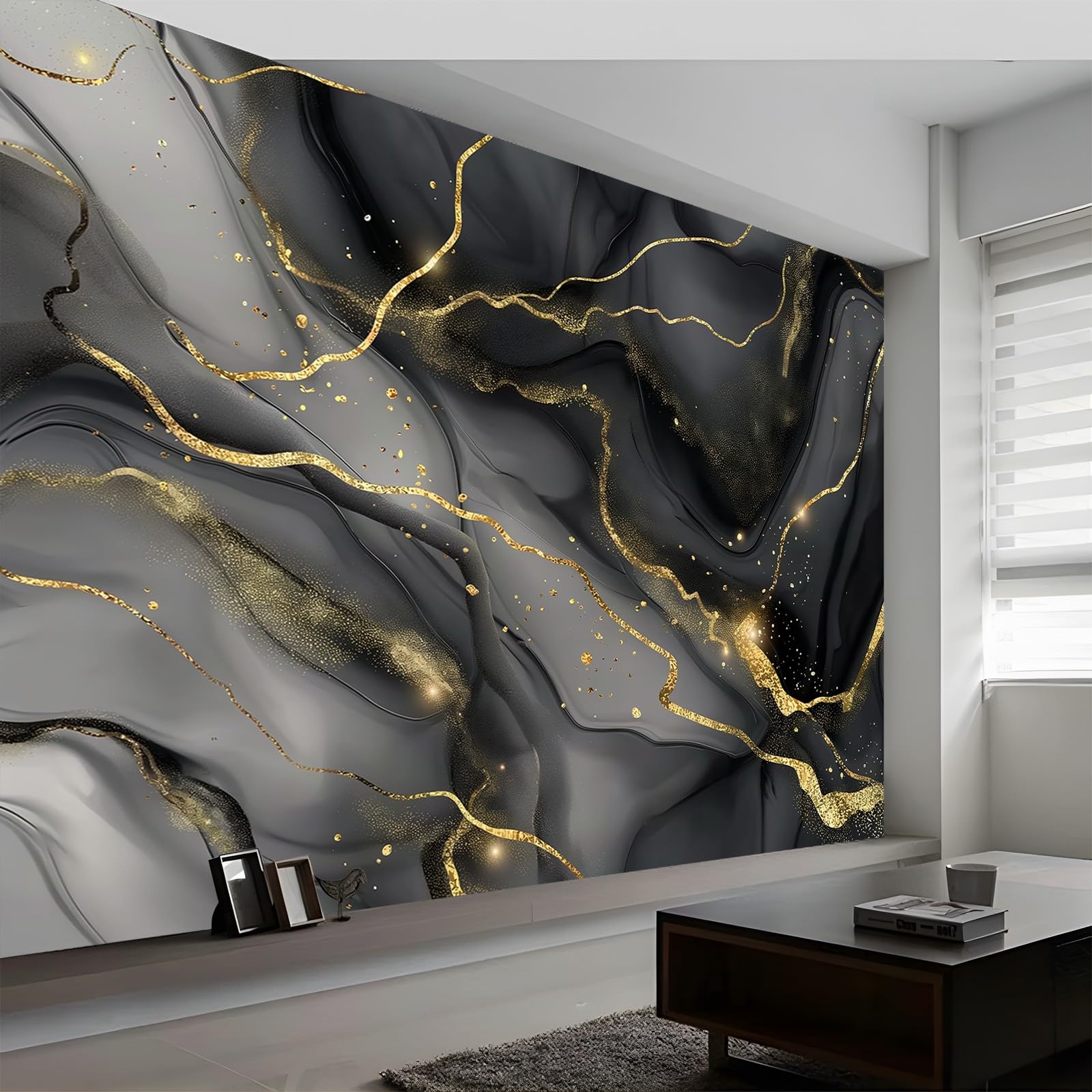 3D Wall Mural Marble Gold Stripes Print Photo Wallpaper, Gray Gold Non-Woven Wall Mural Decoration Poster Picture Design Modern 200 x 140 cm (W x H) Mural for Living Room Kids Bedroom