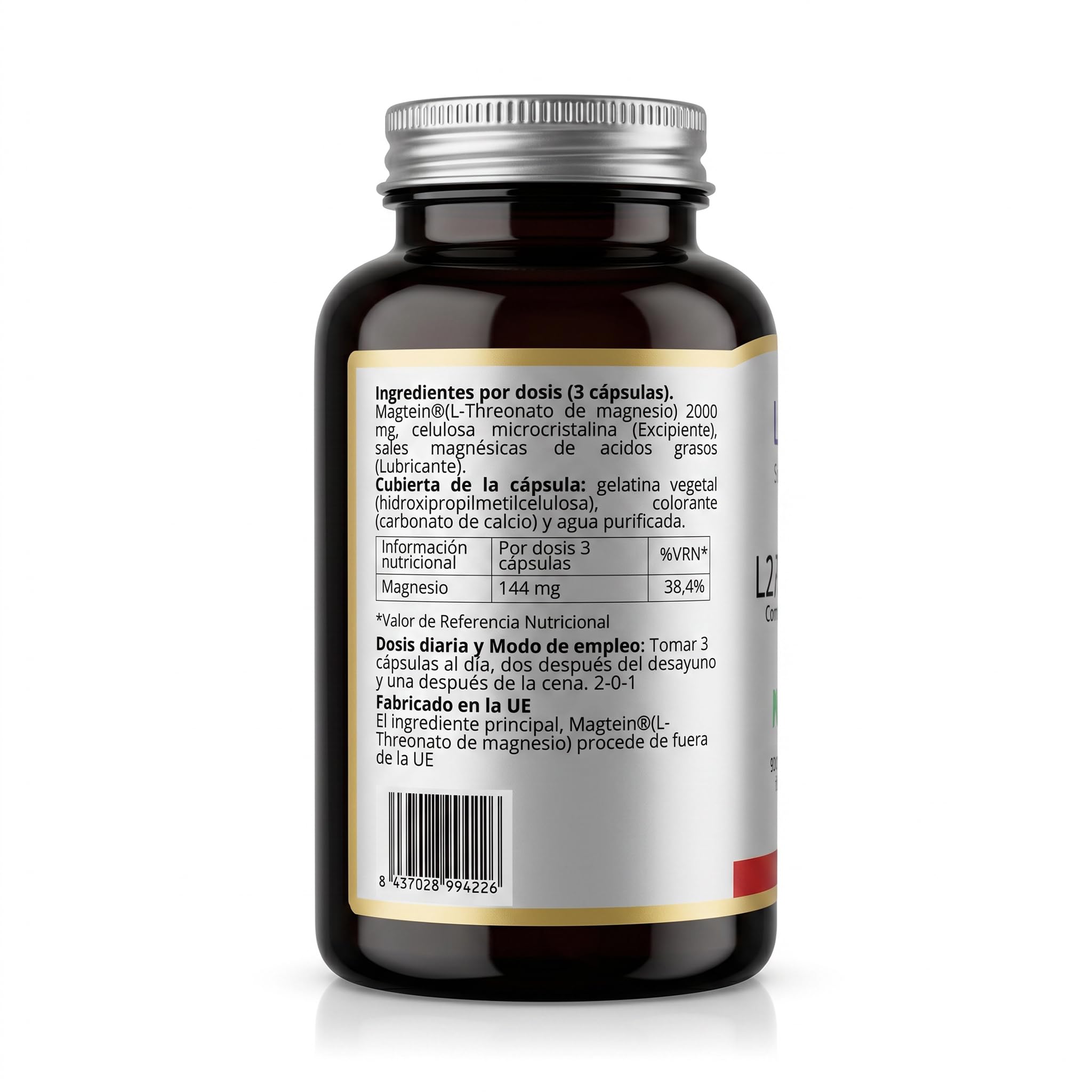 L2PHMAG-T 90 cápsulas – Treonato de Magnesio Magtein® | Memoria, Concentración y Salud Cerebral | Magnesio de Alta Absorción para Función Cognitiva y Sistema Nervioso