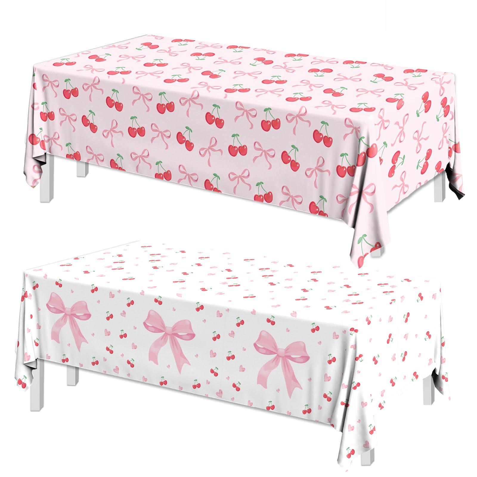 Guzbewu Bow Table Cloth,2 PCS Cherry Tableclothes,Pink Bow Waterproof Disposable Plastic Tablecovers for Birthday Bridal/Baby Shower Cherry-Themed