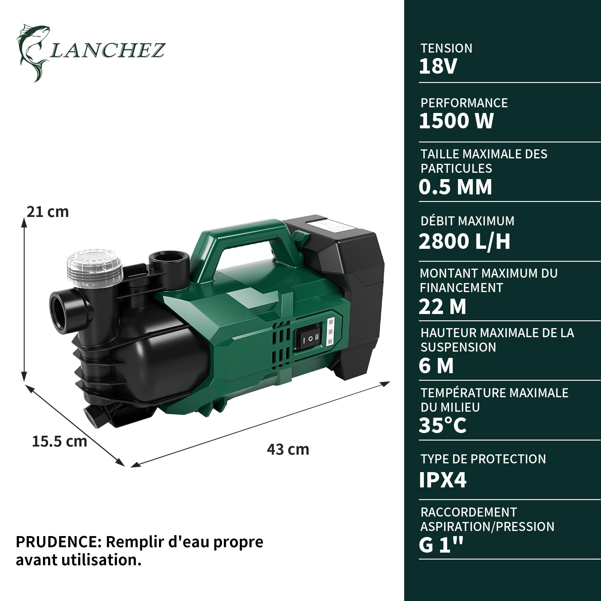 LANCHEZ Pompe de Jardin Sans Fil 2800 L/H, Batterie 18V 2000 mAh, HMT max 22 m, Mode ECO/BOOST, Protection contre les Surcharges, Pompe à Eau Portable pour Citerne et Étang