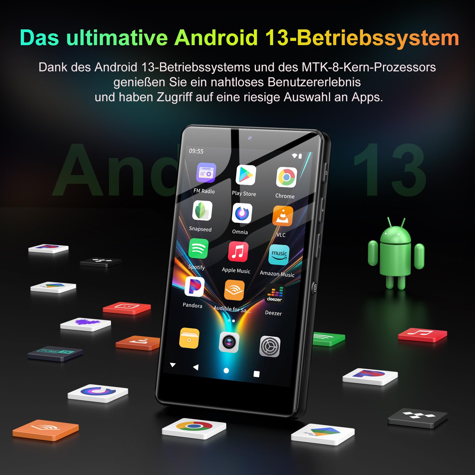 96GB MP3 Player with Bluetooth, WLAN, Camera 4.02 Inch Touchscreen | Android 13 MP3 player mit spotify, 2000 mAh, Lautsprecher, Deezer, Audible, Play Store, bis 1TB erweiterbar, Black