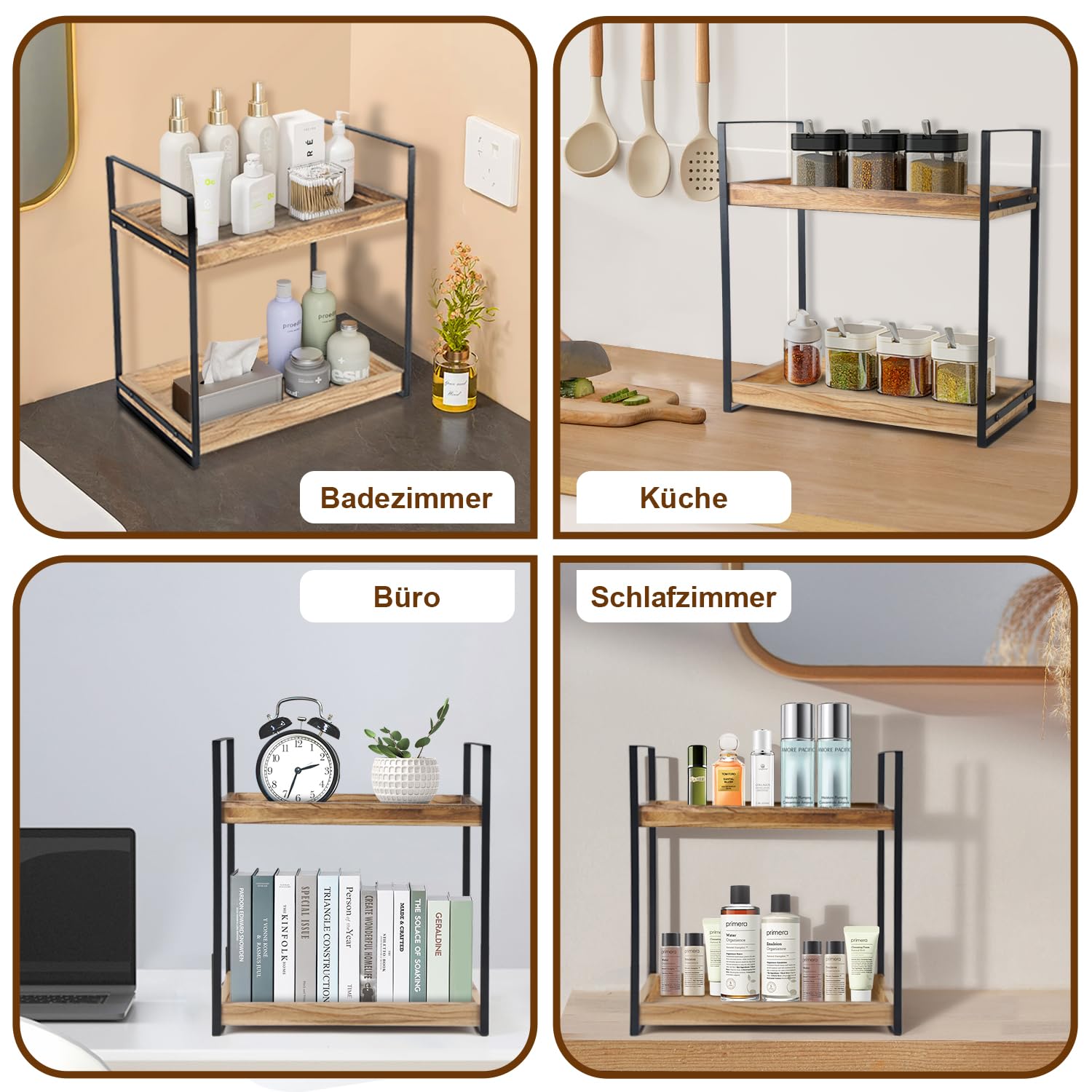 Mensola Da Bagno In Legno E Metallo Senza Fori – Organizer A 2 Ripiani, 35x20x5,5 Cm, Portaspezie E Cosmetici, Per Cucina E Ufficio, Multifunzione