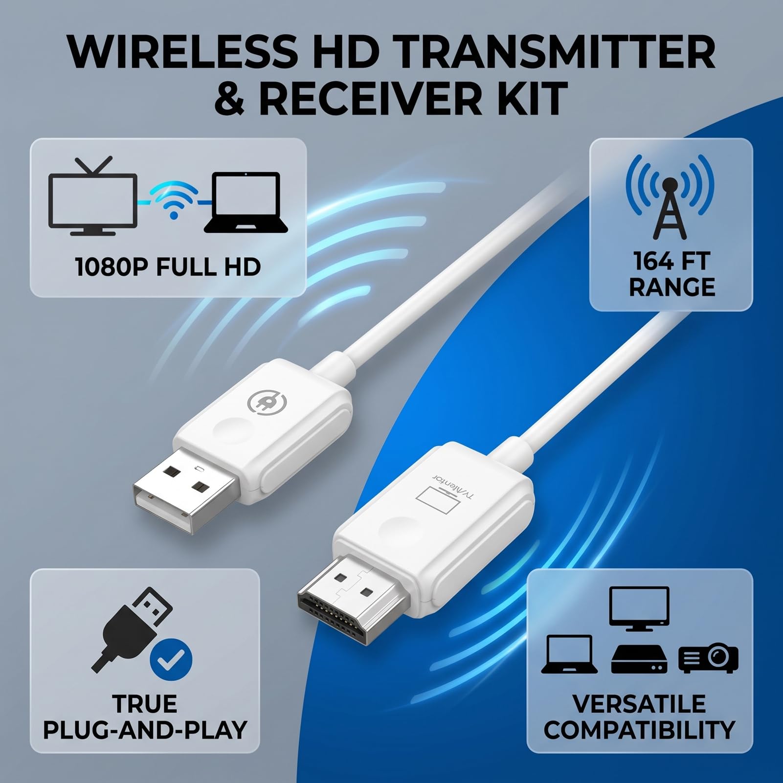 Jectse Bezprzewodowy Nadajnik i Odbiornik Multimedialny HD, Zestaw Przedłużacza USB 1080P Plug and Play ze Stabilnym Transferem Bez opóźnień do 50 M, do Laptopa TV Box, spotkań,