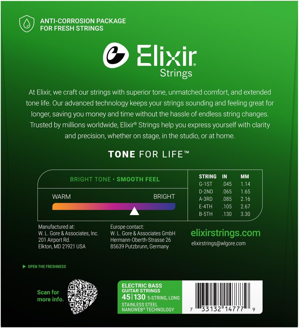 Elixir Strings, Electric Bass Guitar Strings, Stainless Steel with NANOWEB Technology, Longest-Lasting Bright Tone with Comfortable Feel, 5-String Set, Long Scale, Light 45-130
